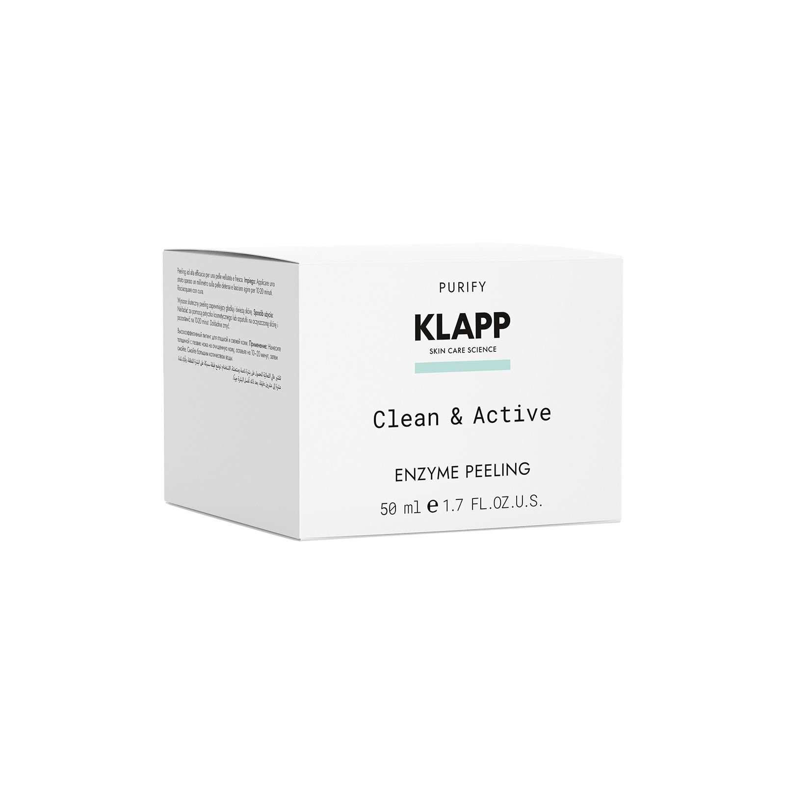 Weiße Produktverpackung mit Klapp-Logo und Schriftzug Clean & Active Enzyme Peeling. Aufschrift: 50 ml e 1.7 FL.OZ.U.S.