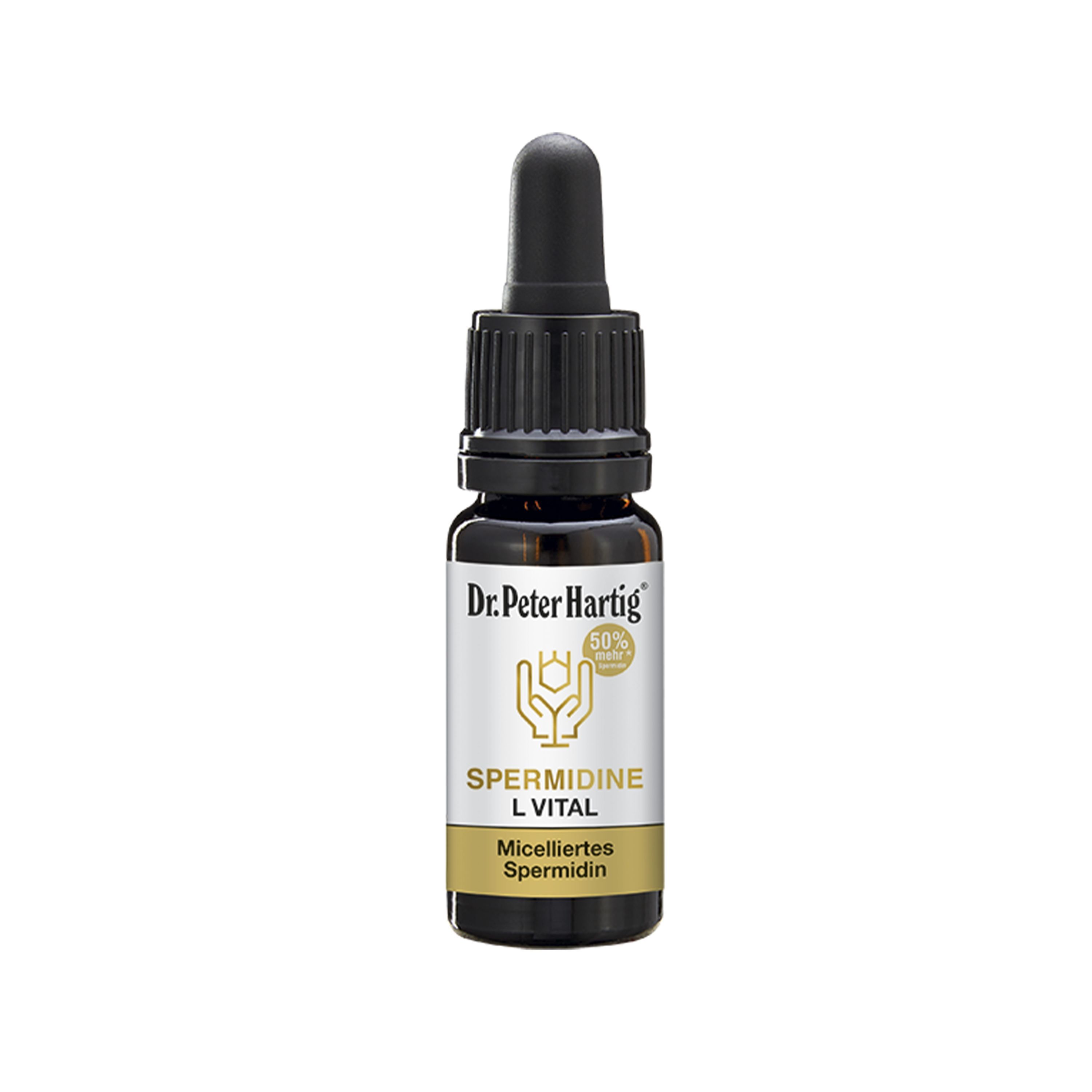 Etikett mit Produktinformationen. Enthält Angaben zu Inhaltsstoffen, Dosierung und Hersteller. Text: Spermidine L Vital.