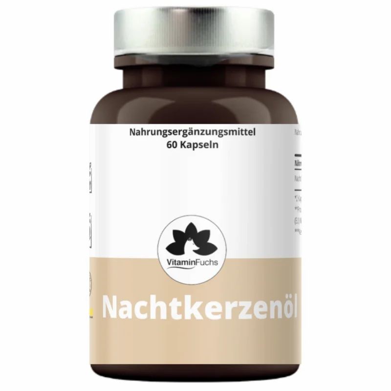 Braune Flasche mit Kapseln. Aufschrift: Nachtkerzenöl, VitaminFuchs. 60 Kapseln. Nahrungsergänzungsmittel.
