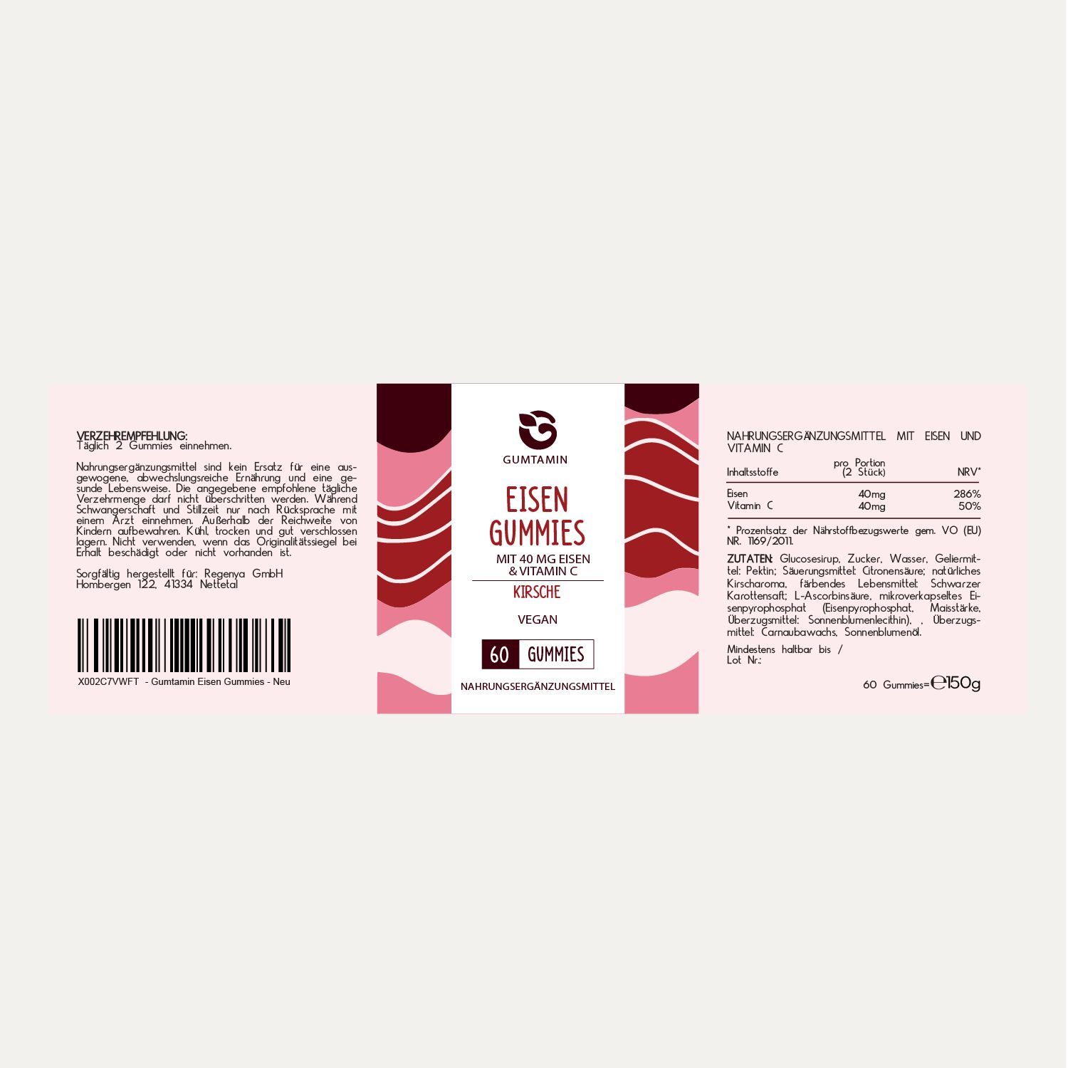 Rückseite der Verpackung mit Informationen zu Eisen Gummibärchen. Marke: Gumtamin. Aufschrift: Eisen Gummies, Kirsche, 60 Stück.