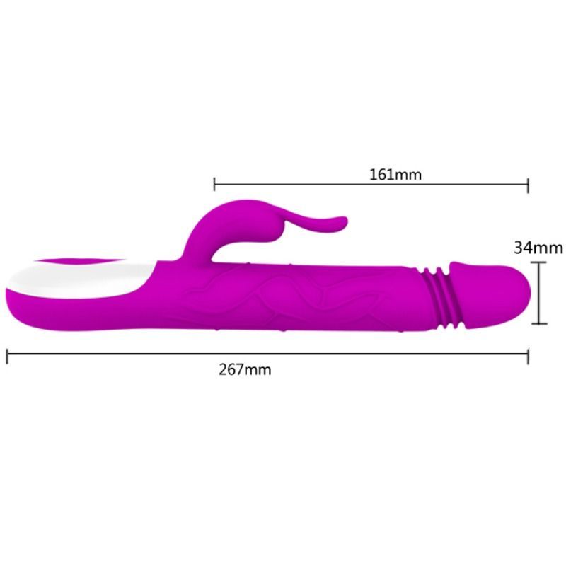 Vibrator mit Drehfunktion, lila. Abmessungen: 267mm lang, 161mm breit, 34mm Durchmesser. Mit Kaninchenohren-Design.