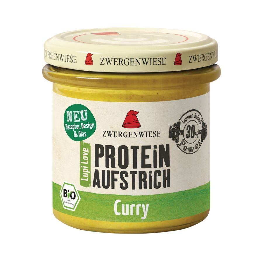 Glas mit Protein Aufstrich Curry. Aufschrift: Zwergenwiese, Protein Aufstrich, Bio-Siegel. Deckel mit Logo.
