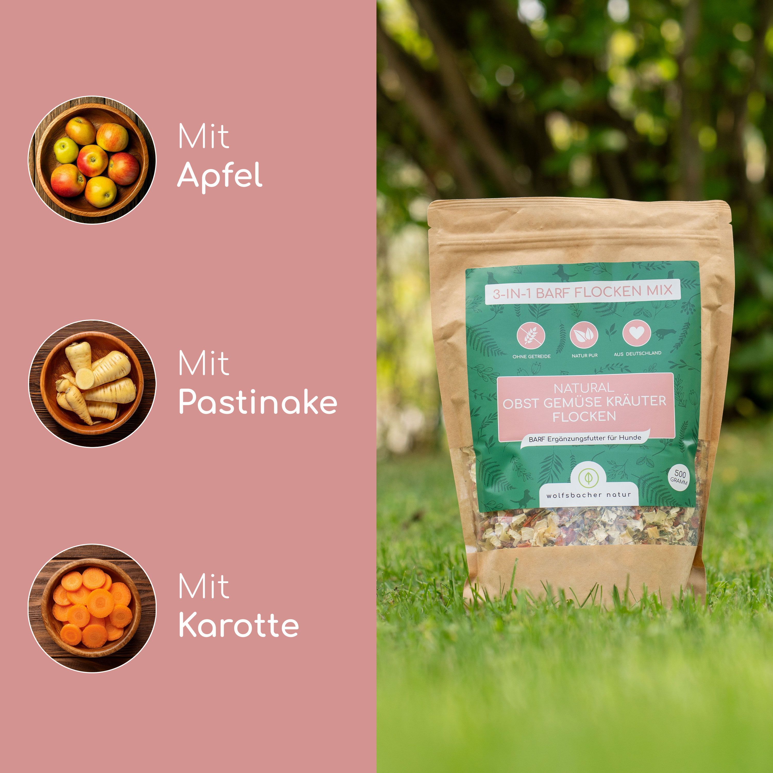 Drei Schalen mit Obst und Gemüse neben einem Beutel mit Flocken. Aufschrift: 3-in-1 BARF Flocken Mix, Natural Obst Gemüse Kräuter Flocken.