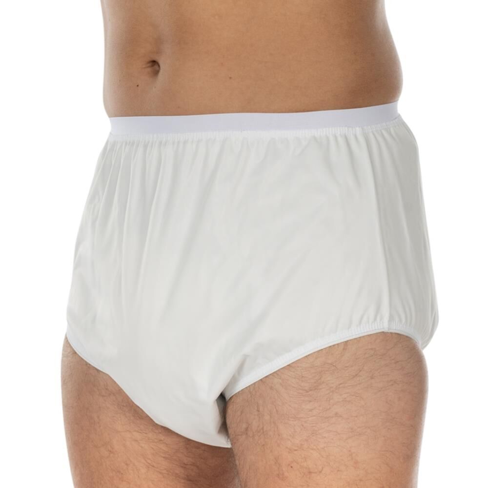 Weißer Inkontinenz-Slip. Seitliche Ansicht, getragen von einer Person. Elastischer Bund und Beinabschlüsse.