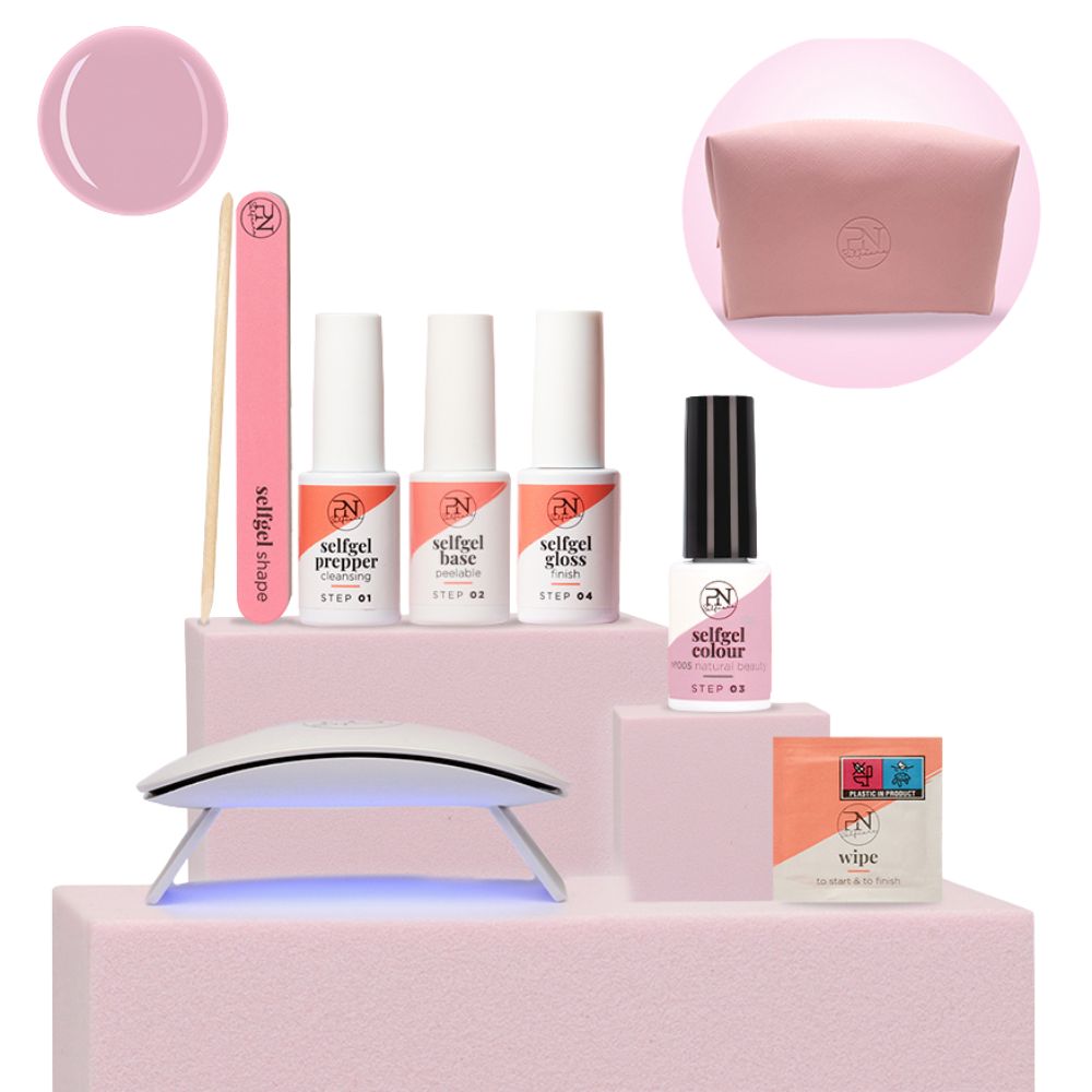 Nagelpflege-Set mit UV-Lampe, Nagellack, Feile, Nagelhautschieber, Reinigungstücher und Kosmetiktasche. Rosa und weiß. PN-Logo.