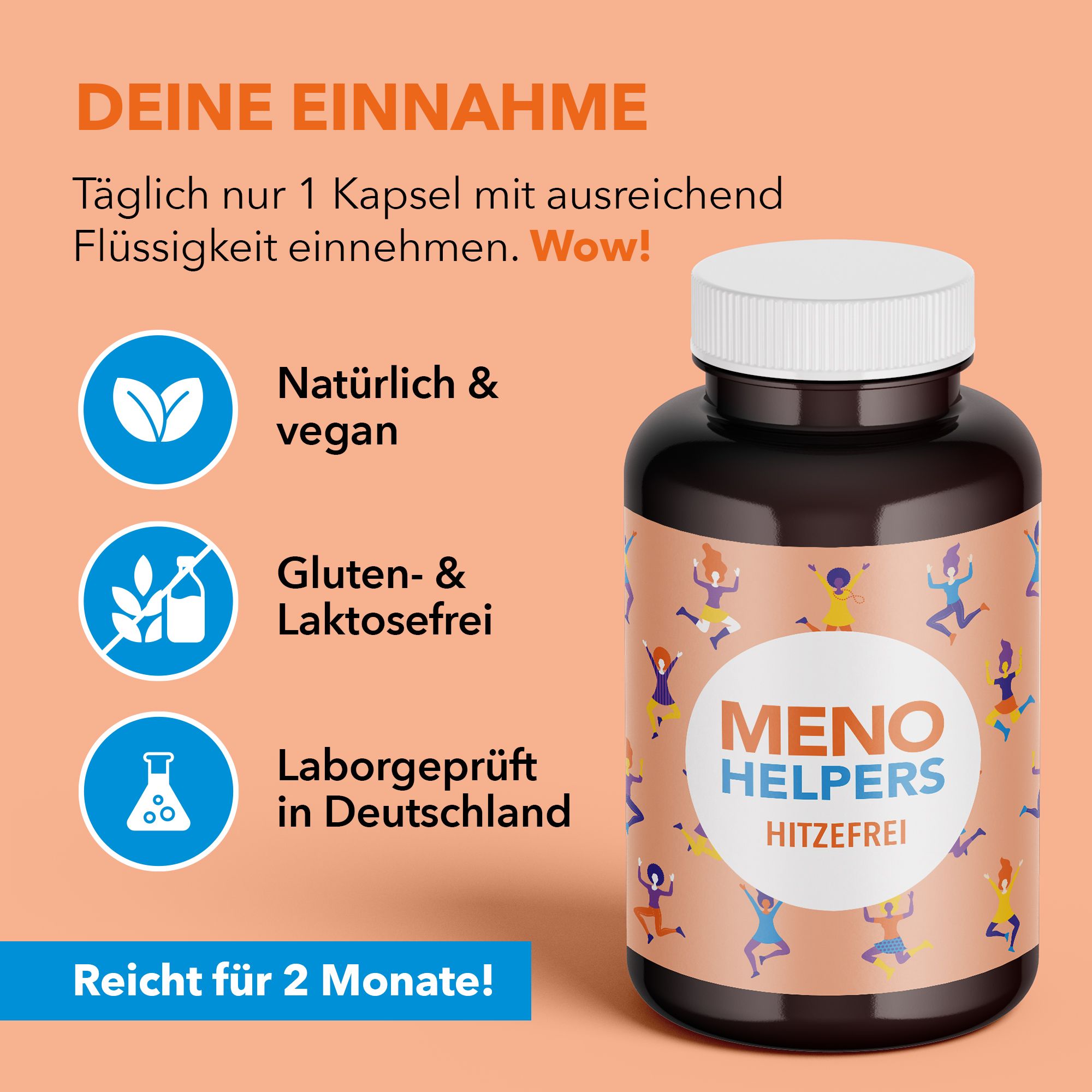 Braune Flasche "MENO HELPERS HITZEFREI" mit weißem Deckel. Text über Inhaltsstoffe: natürlich, vegan, gluten- und laktosefrei.