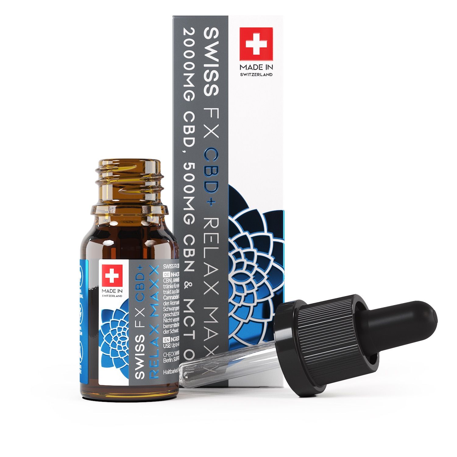 Braune Glasflasche mit Tropfer und Verpackung. Aufschrift: SWISS FX CBD+ RELAX MAXX. Tropfer liegt daneben. Schweizer Kreuz.