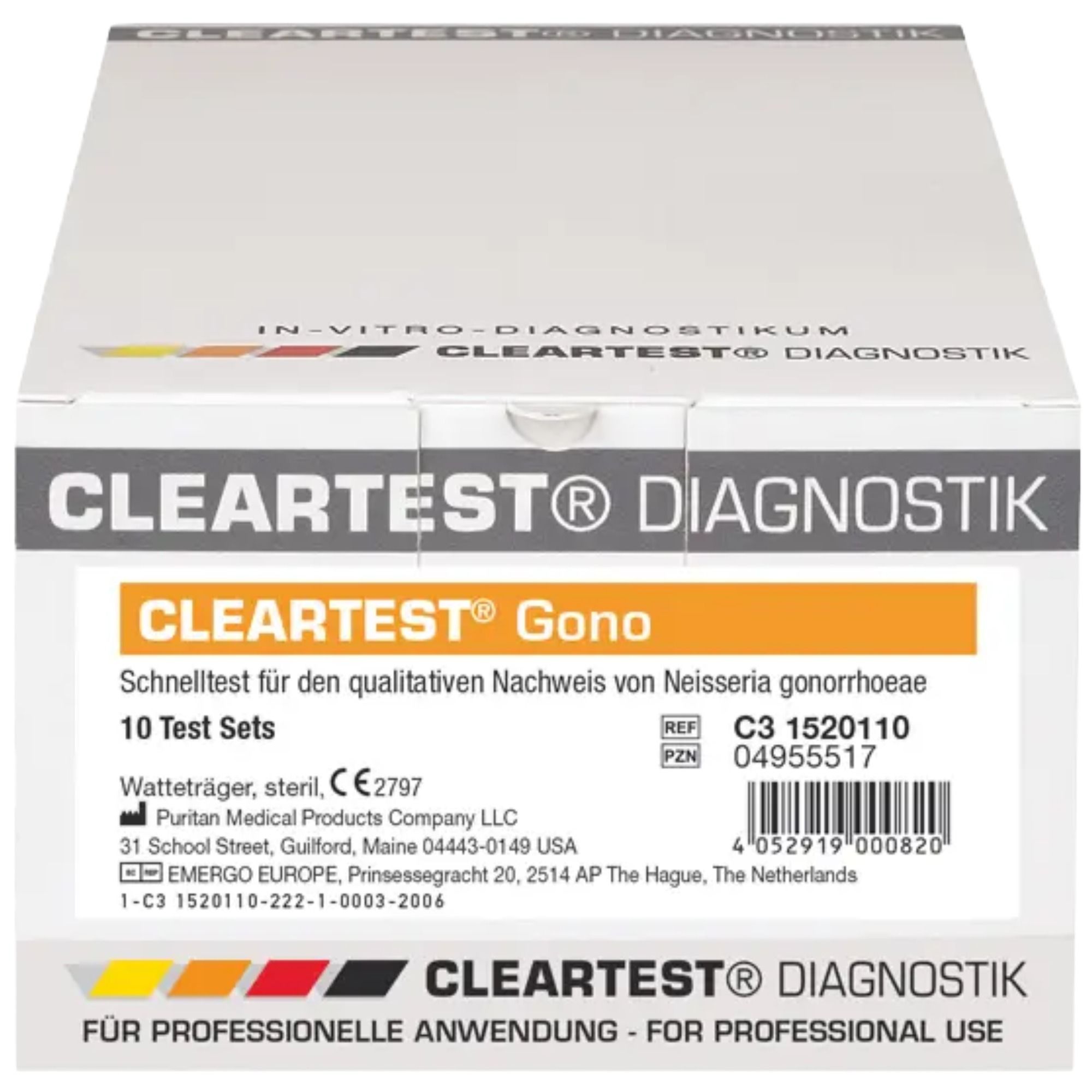Cleartest® Diagnostik-Verpackung. Enthält 10 Test Sets für Gonokokken-Nachweis. Mit CE-Kennzeichnung und Barcode.