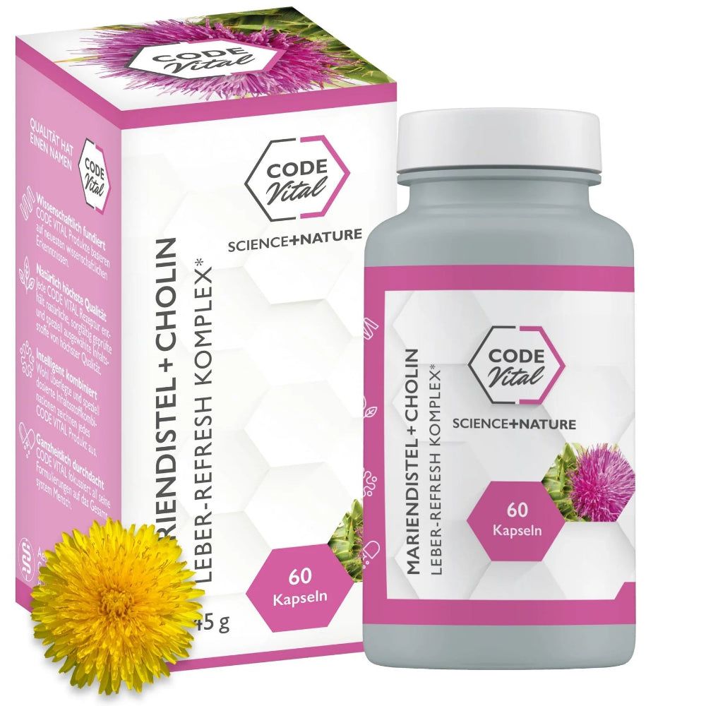 Graue Kapsel-Dose und Schachtel mit Produktinformationen. Aufschrift: CODE Vital Mariendistel + Cholin. 60 Kapseln. Gelbe Blume.