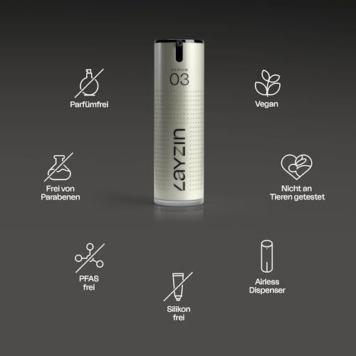 Serum 03-Flasche mit Symbolen: parfümfrei, vegan, parabenfrei, nicht an Tieren getestet, PFAS-frei, silikonfrei.
