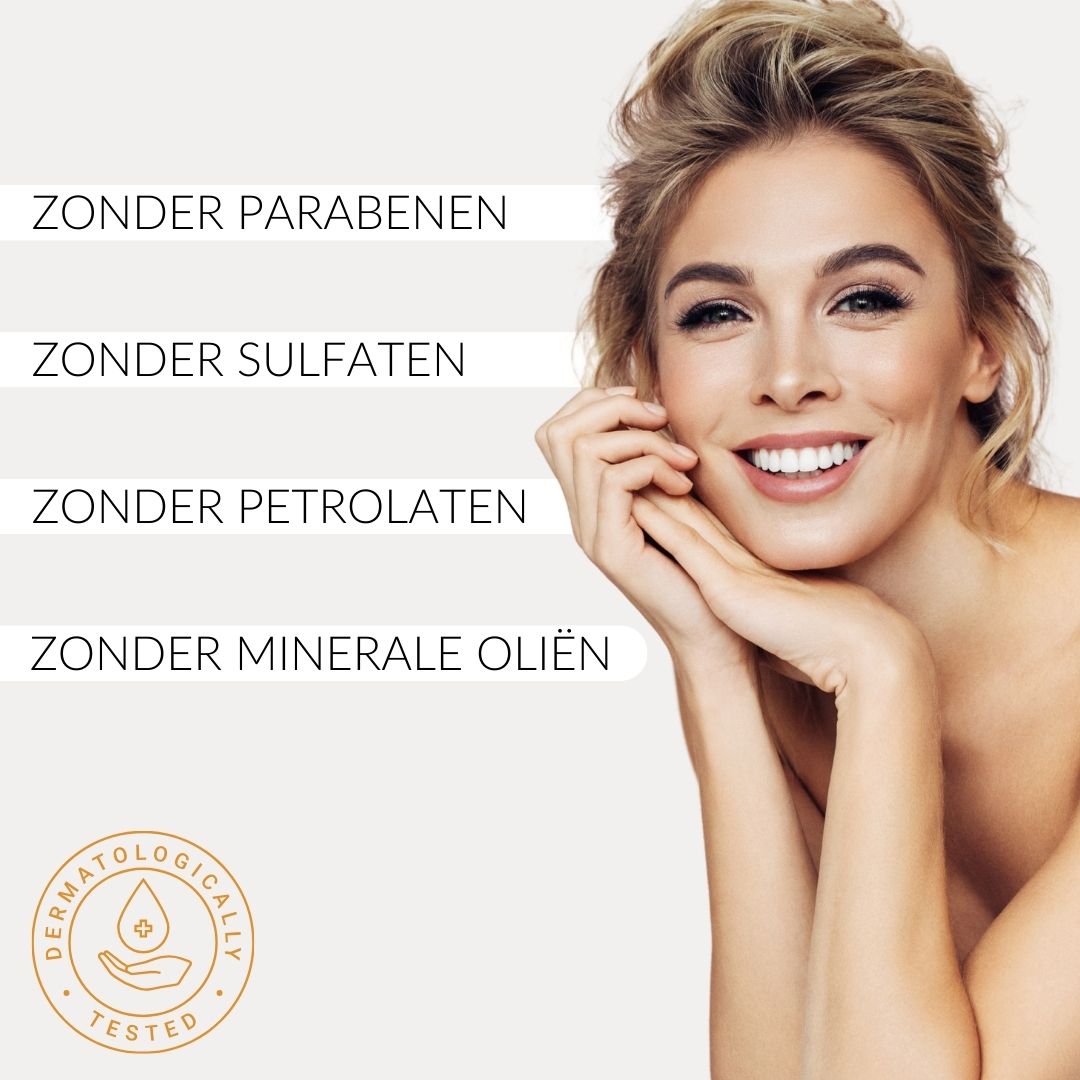 Blonde vrouw. Tekst: Zonder parabenen, sulfaten, petrolaten, minerale oliën. Dermatologisch getest.