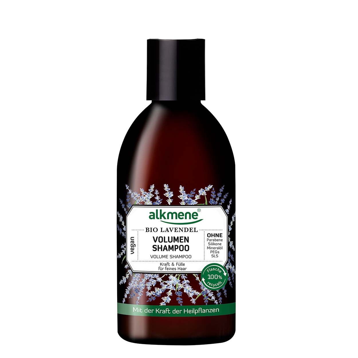 Braune Flasche mit schwarzem Deckel. Aufschrift: Alkmene Bio Lavendel Volumen Shampoo. Vegan. 100% natürlich.