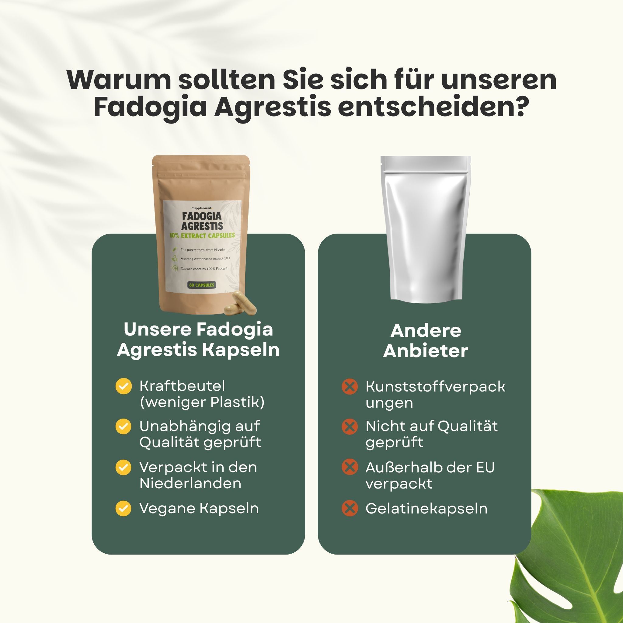 Vergleich: Fadogia Agrestis Kapseln (Kraftbeutel, vegan) vs. andere Anbieter (Kunststoffverpackung, Gelatine).