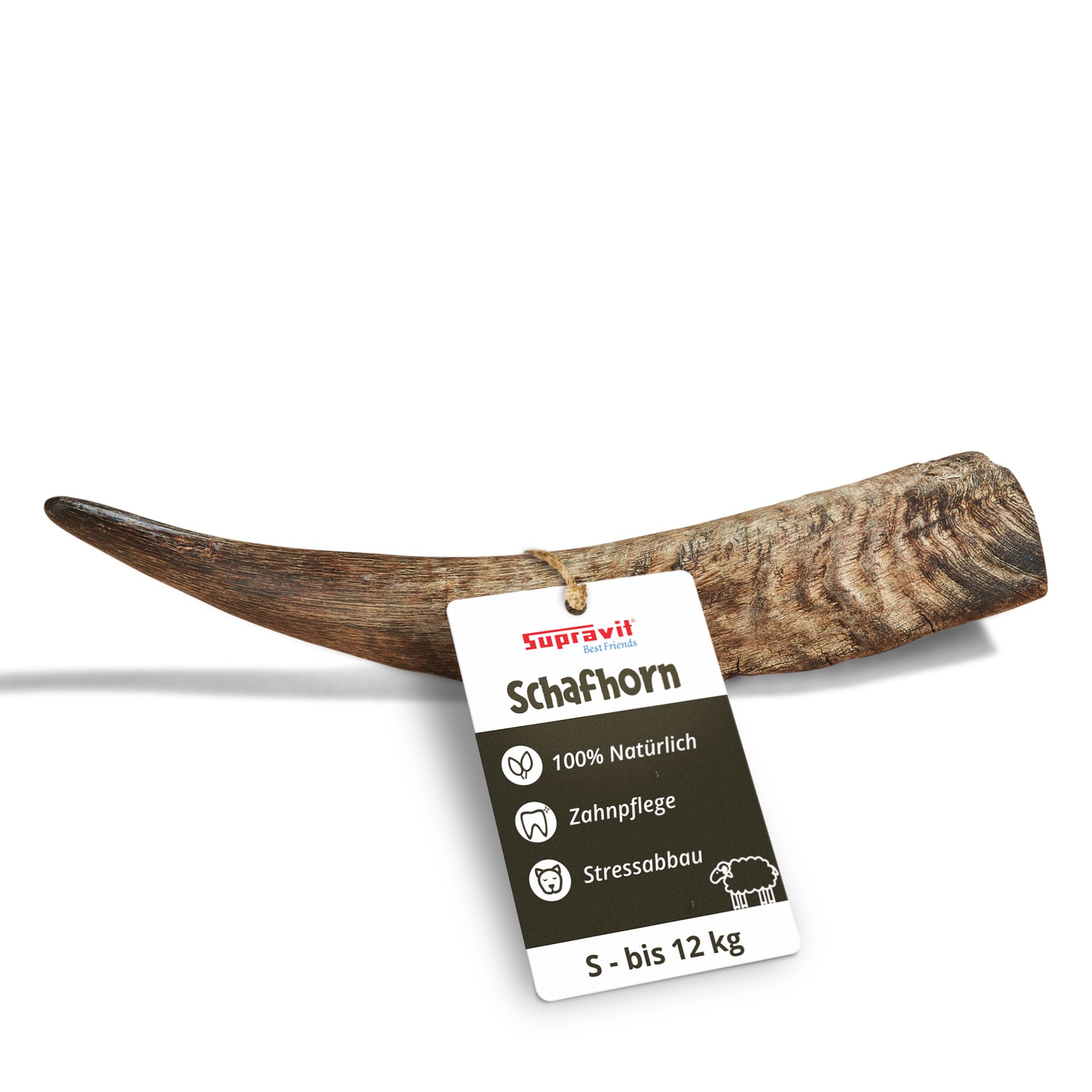 Schafhorn mit Anhänger. Aufschrift: Supravit, 100% natürlich, Zahnpflege, Stressabbau. Größe S bis 12 kg.