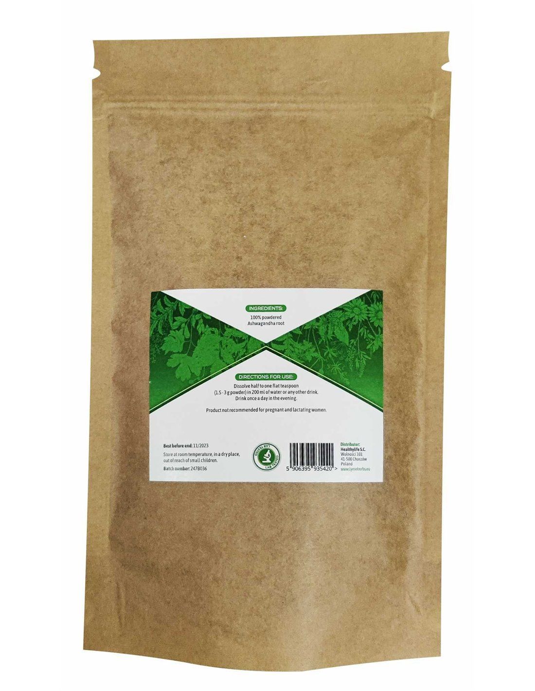 Beutel mit Ashwagandha-Pulver. Etikett mit Inhaltsstoffen und Anwendungshinweisen. Grün-weißes Design.