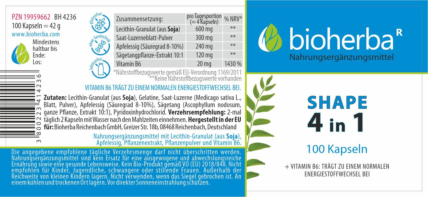 Bioherba Shape 4 in 1 Kapseln, 100 Stück. Rückseite der Verpackung mit Inhaltsstoffen und Nährwertangaben.