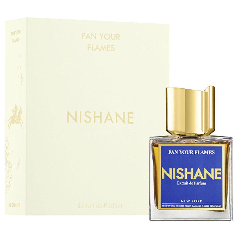 Beige Schachtel und Flakon. Aufschrift: NISHANE, FAN YOUR FLAMES, Extrait de Parfum. Goldfarbener Verschluss.