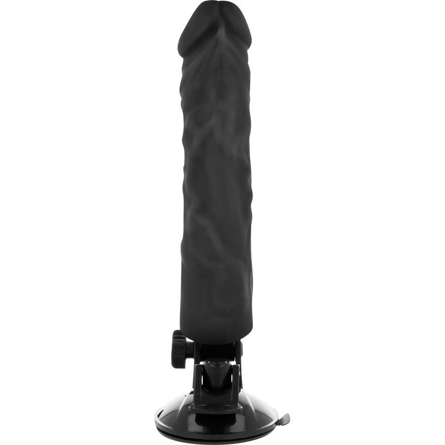Schwarzer Vibrator mit Saugnapf. Der Vibrator ist aufrecht positioniert. Der Vibrator hat eine geriffelte Oberfläche.