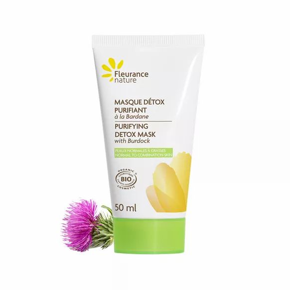 Weiße Tube mit grünem Deckel. Aufschrift: Fleurance Nature, Masque Détox Purifiant, 50 ml. Bio-Zertifizierung.