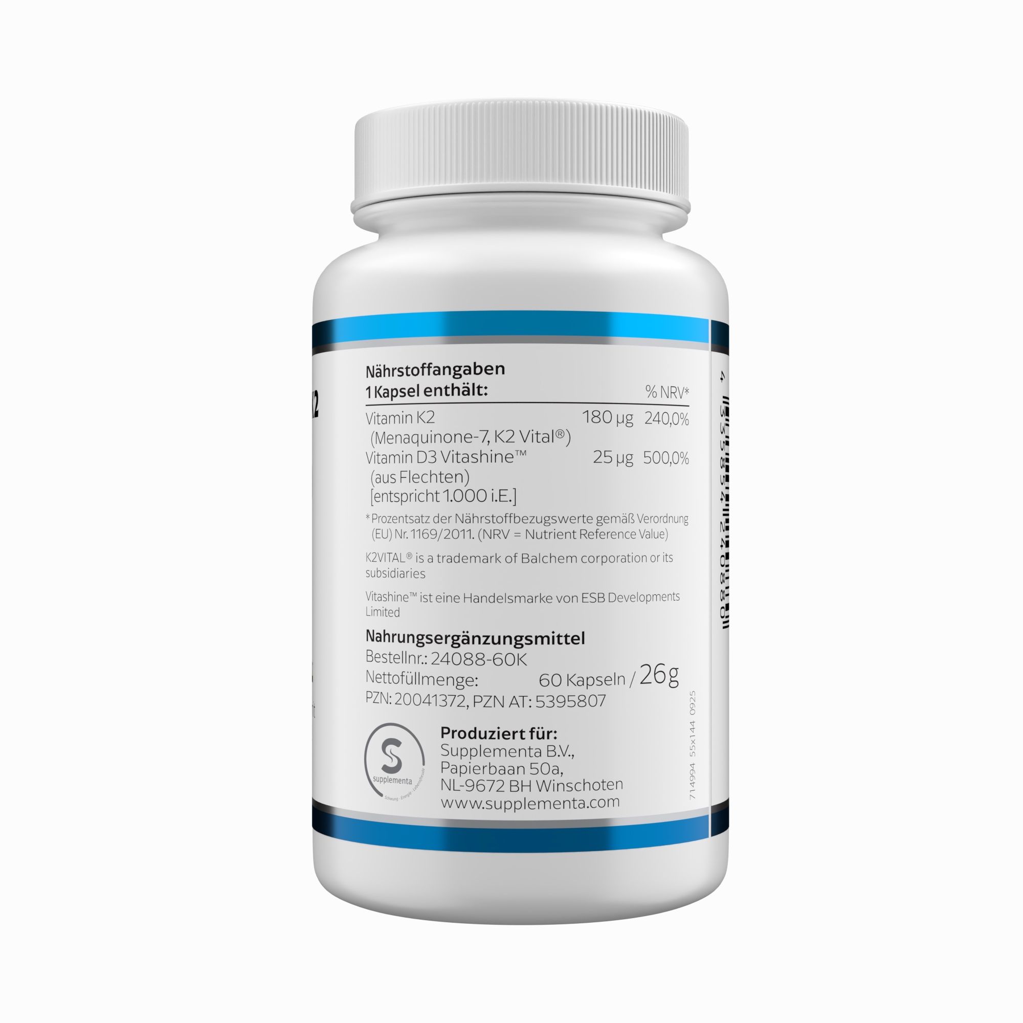 Rückseite einer weißen Pillendose mit blauem Etikett. Zeigt Nährwertangaben und Produktinformationen.