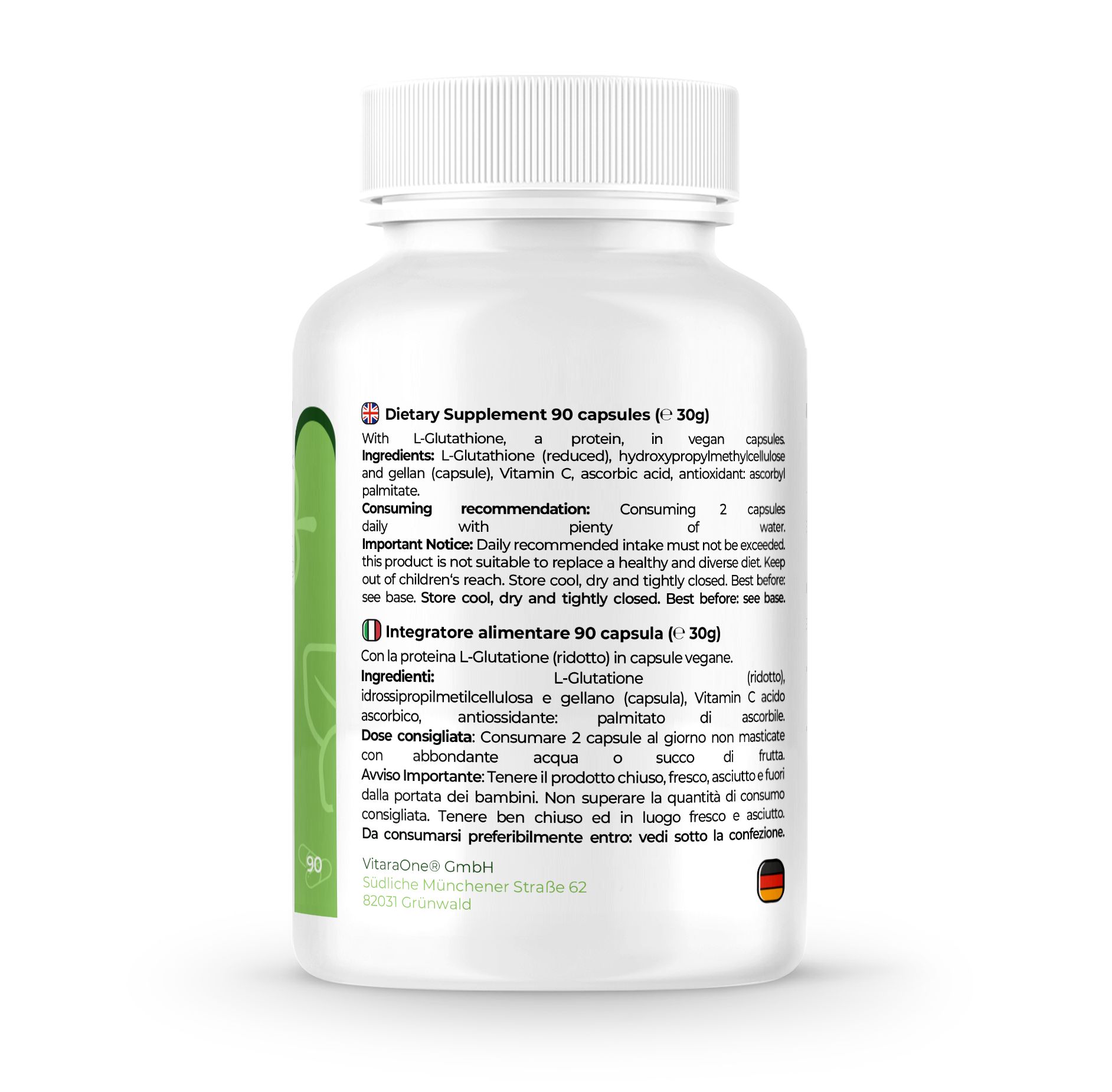 Rückseite einer weißen Flasche mit Kapseln. Aufschrift: Nahrungsergänzungsmittel. Enthält L-Glutathion, Vitamin C. 90 Kapseln.