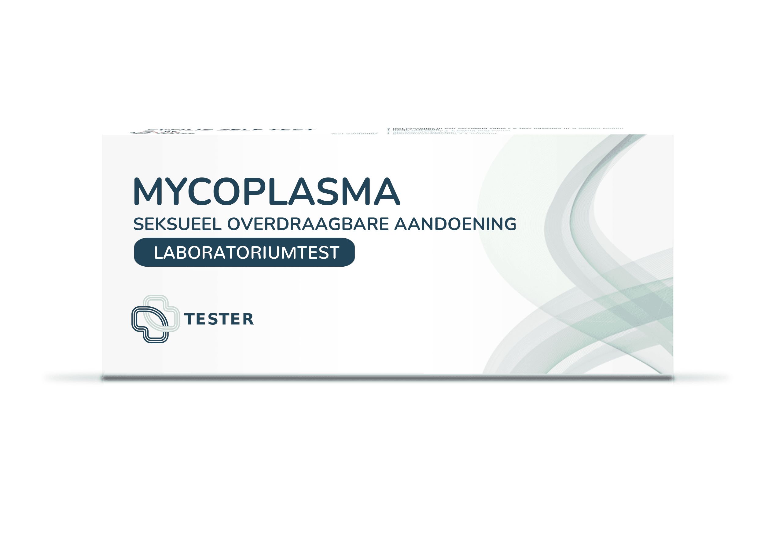 Verpackung eines Mycoplasma-Labortests für zu Hause. Mit Logo und Text "MYCOPLASMA SEKTUELL ÜBERTRAGBARE AANDOENING LABORATORIUMTEST TESTER".