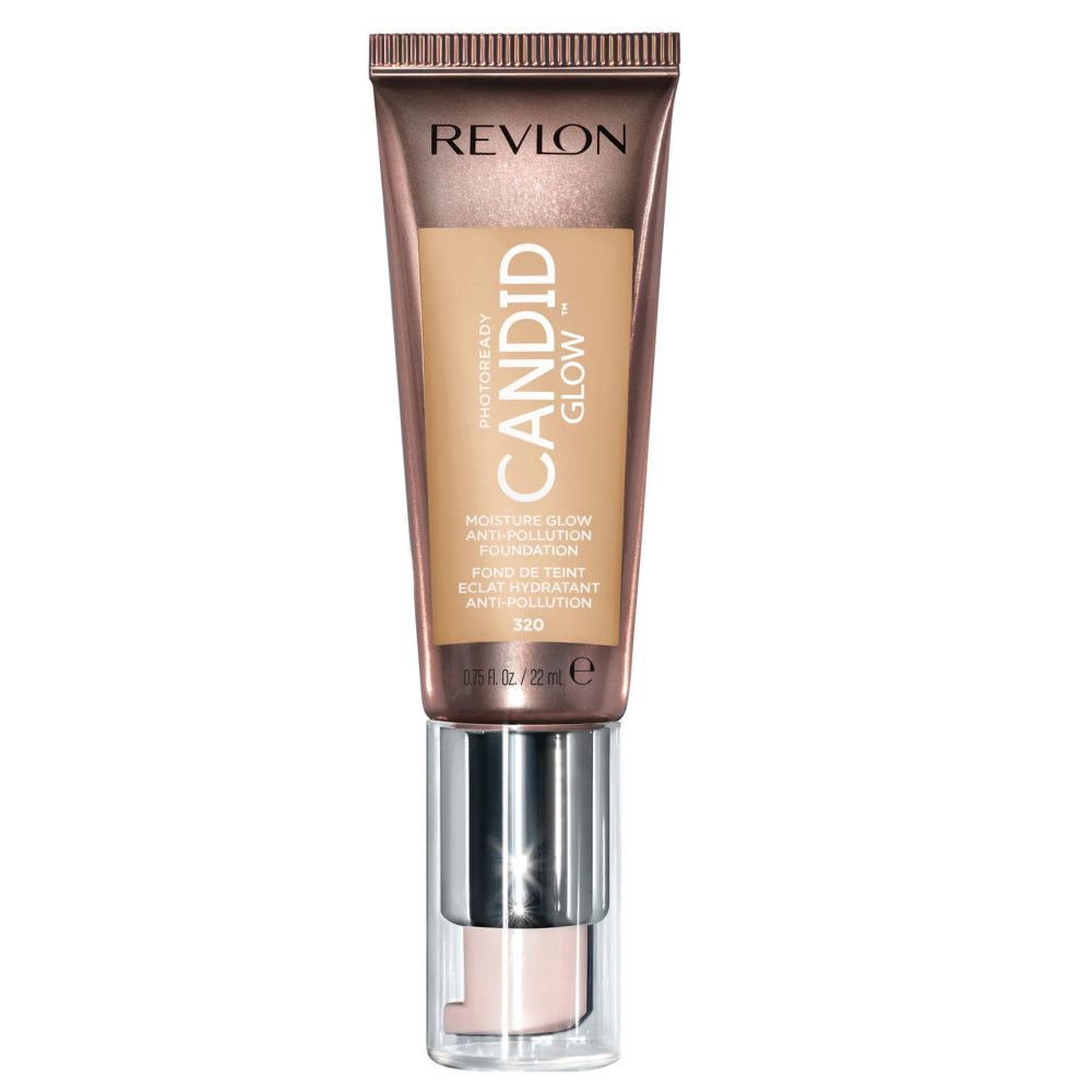 Revlon PhotoReady Candid Glow Foundation. Tube mit Produkt. Text: CANDID GLOW, Anti-Pollution, Farbton 320. Mit Pumpe.