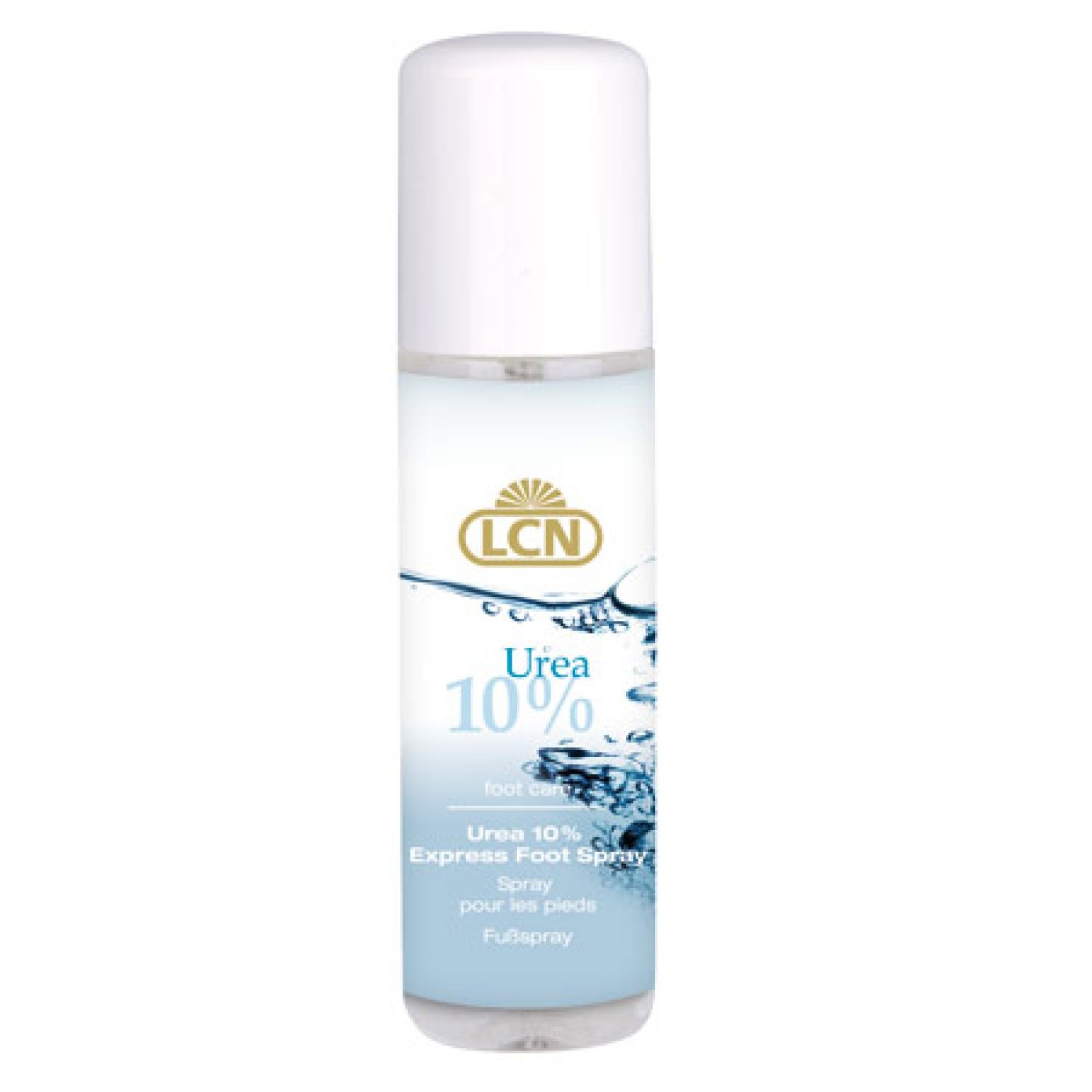 Sprühflasche mit weißem Deckel. Aufschrift: LCN, Urea 10%, Express Foot Spray. Hintergrund mit Wasser-Design.
