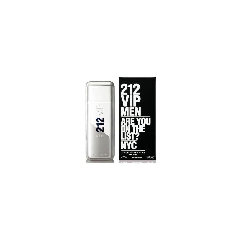 Silberfarbener Flakon und schwarze Schachtel. Aufschrift: 212 VIP MEN ARE YOU ON THE LIST? NYC. Carolina Herrera.