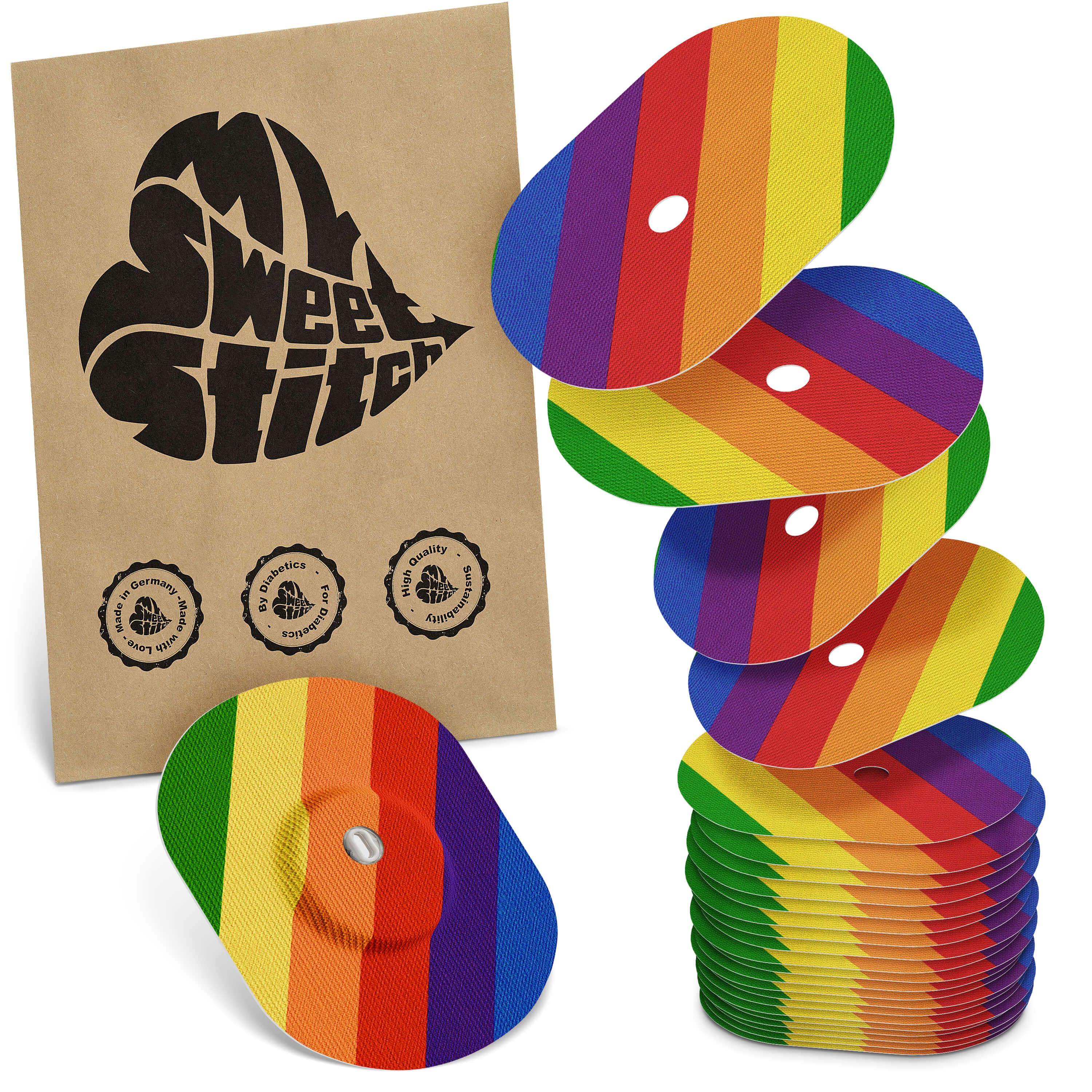 Ovale Pflaster mit Regenbogenmuster. Braune Papiertüte mit Logo. Mehrere Pflaster gestapelt.