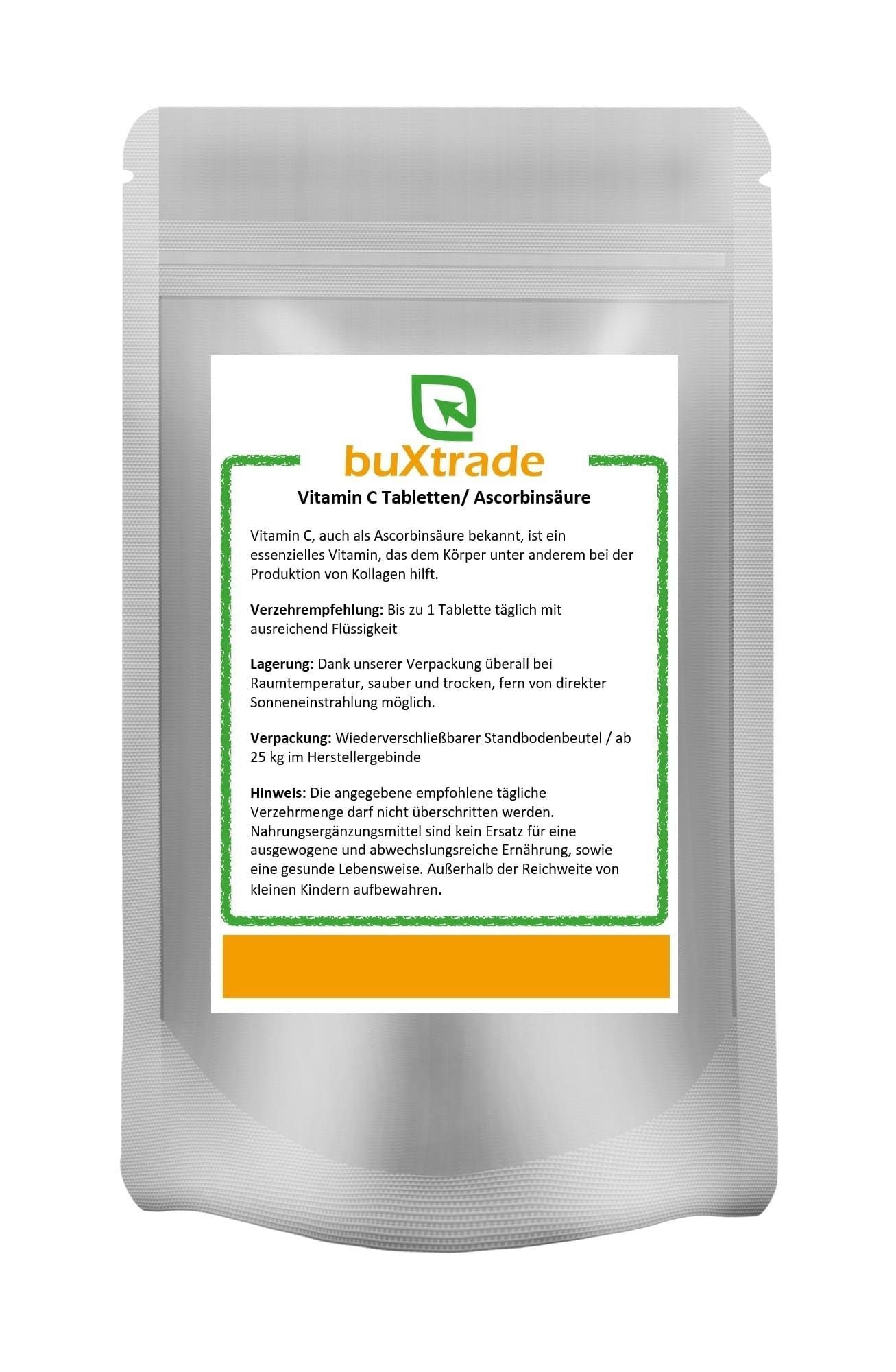 Verpackung von buXtrade Vitamin C Tabletten. Weißer Beutel mit Text und Logo.