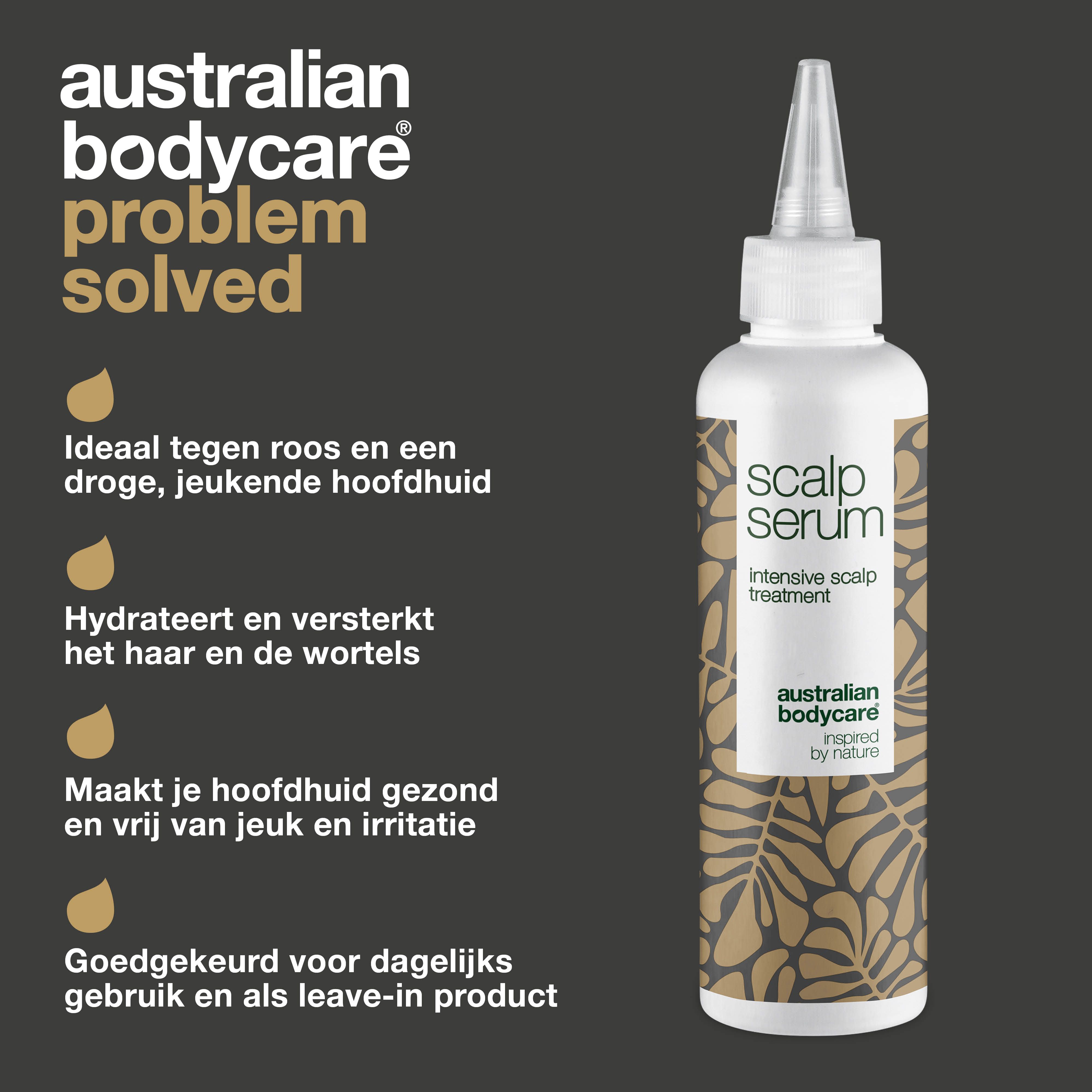 Probleem opgelost. Tegen roos en droge hoofdhuid. Serumfles: Scalp Serum, Australian Bodycare. Tekst.