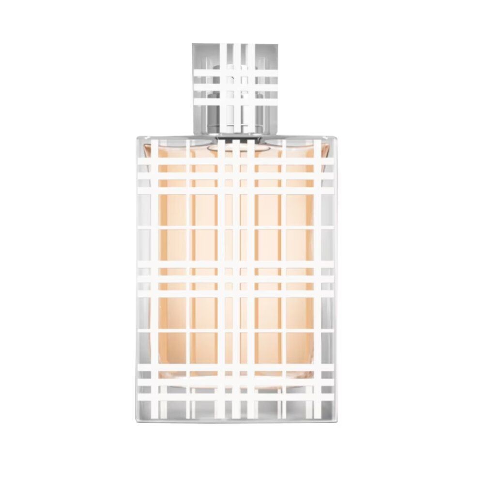 Burberry Brit Eau de Toilette Flakon. Rechteckige Form, transparente Glasflasche mit hellem Inhalt und silbernem Verschluss.