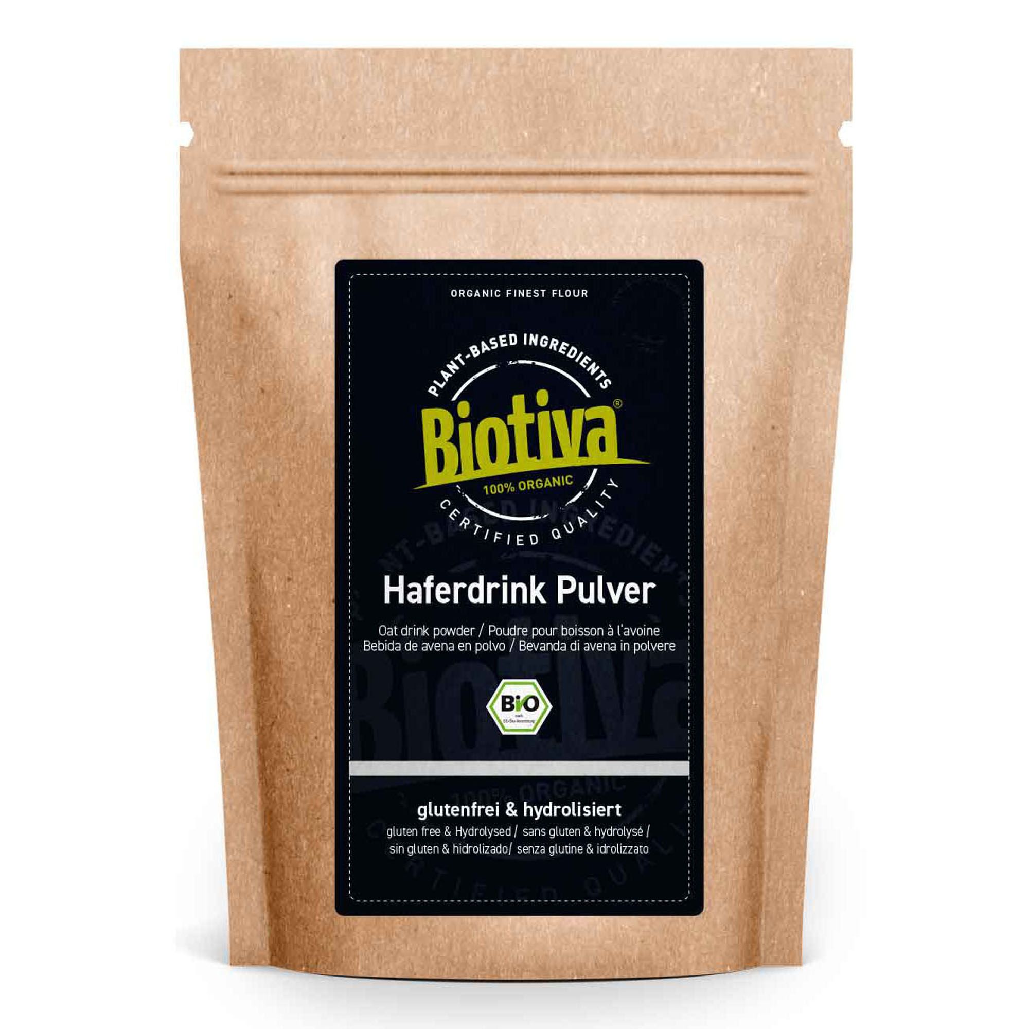 Beutel mit Biotiva Haferdrink Pulver. Schwarzes Etikett mit Produktinformationen und Bio-Siegel. Glutenfrei & hydrolysiert.