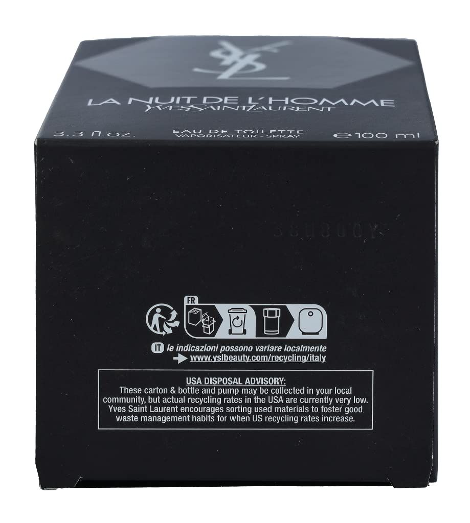 Rückseite einer schwarzen Verpackung. Enthält Text, Recycling-Symbole und die Marke YSL.  "EAU DE TOILETTE" und "100 ml" sind sichtbar.