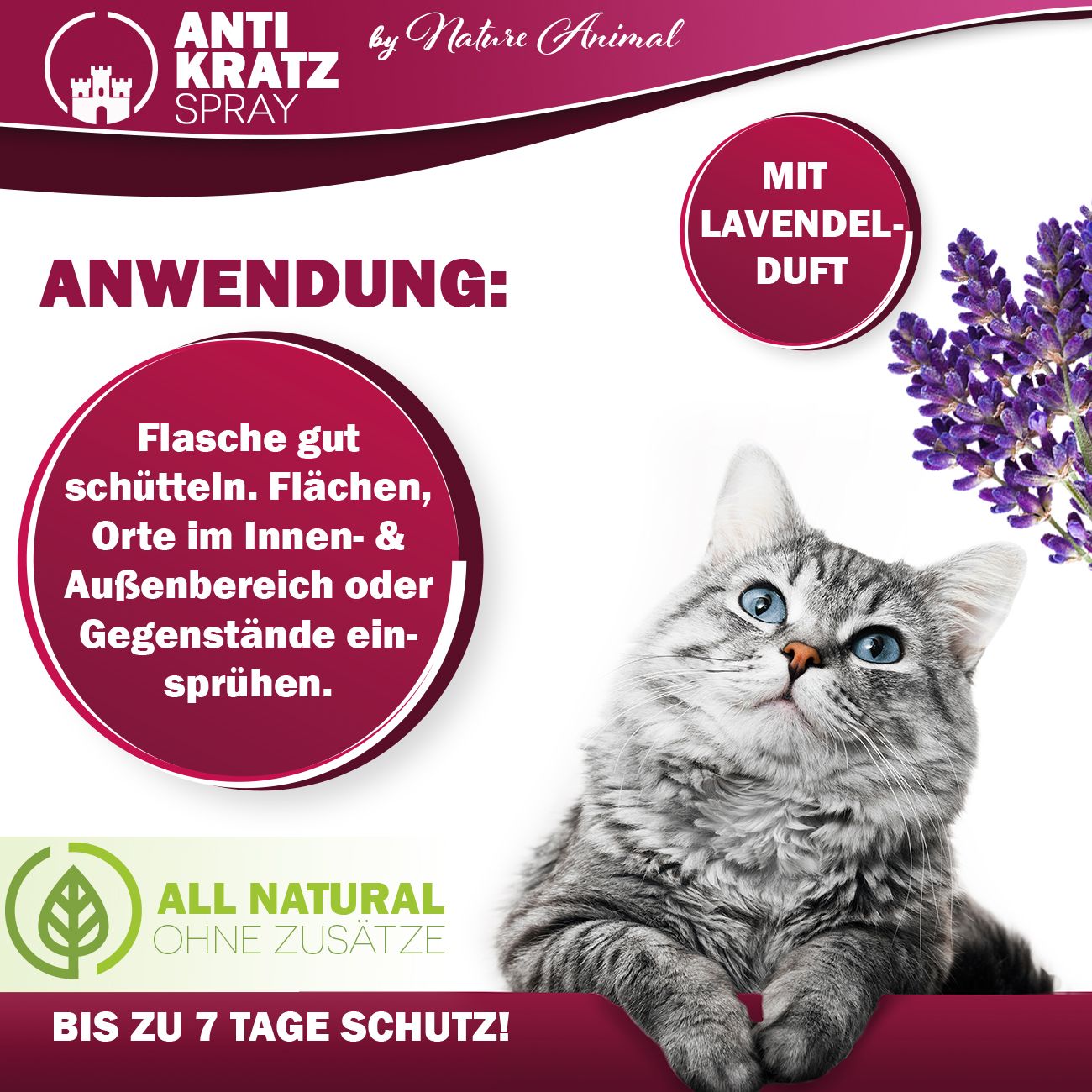 Katze blickt nach oben. Text: Anwendung, Flasche gut schütteln. Sprühen auf Flächen, Orte im Innen- & Außenbereich oder Gegenstände. Mit Lavendelduft.