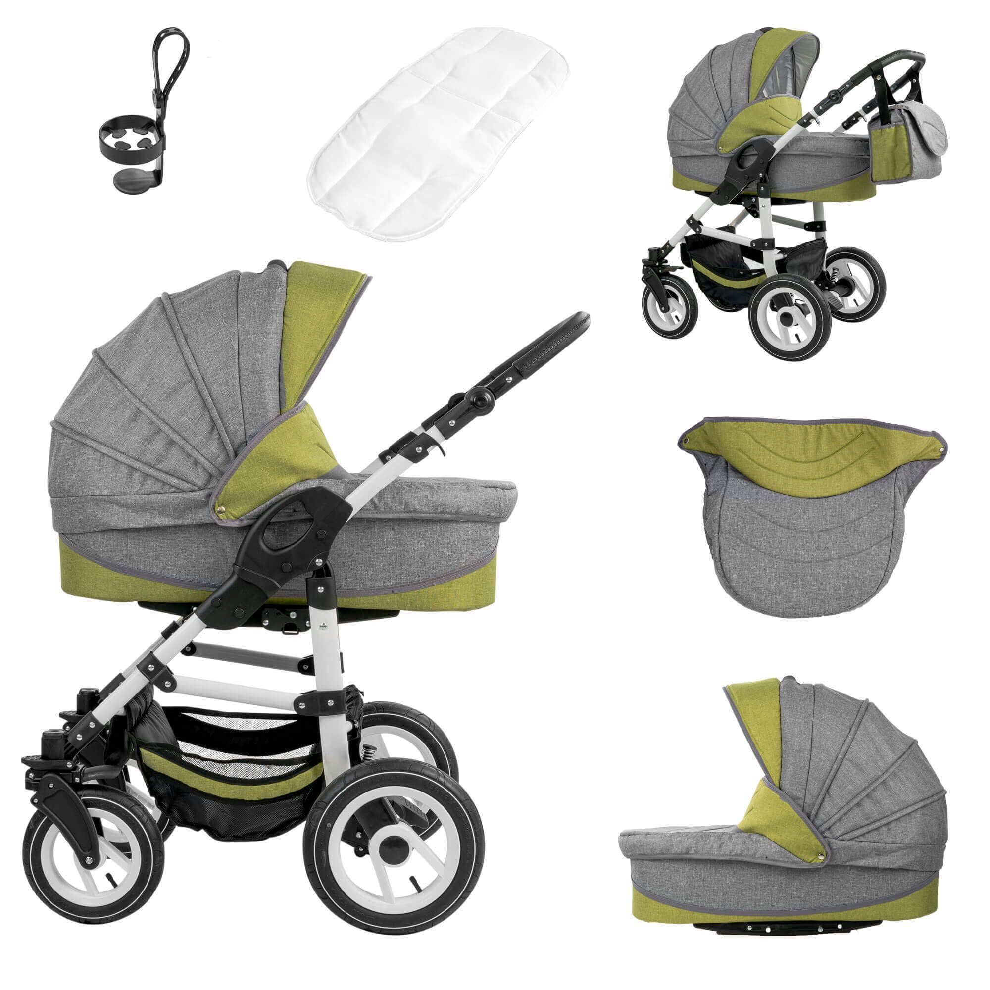 Kinderwagen-Komplettset mit grau-grünen Stoffen, weißem Gestell. Enthält Babyschale, Tragetasche, Becherhalter, Wickelauflage, Zubehör.