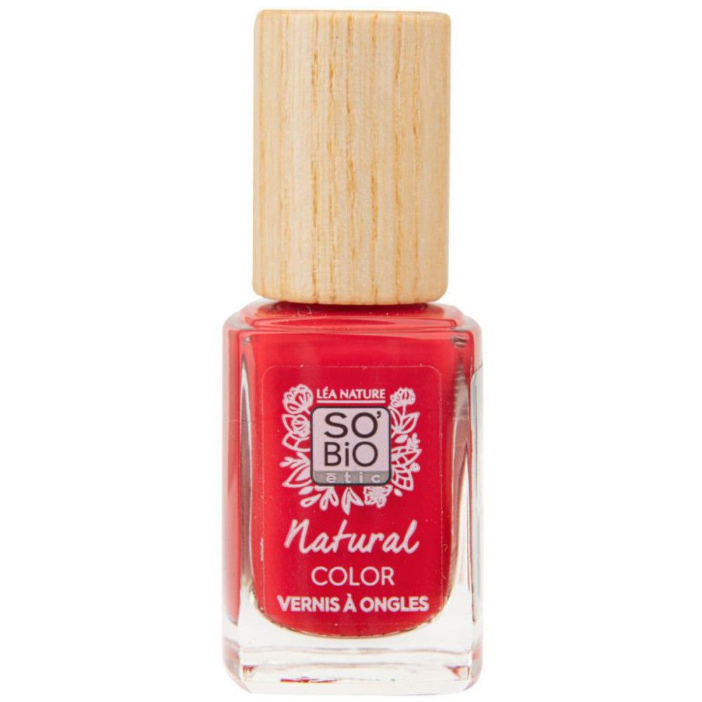 Roter Nagellack von SO'BiO étic. Glasflasche mit Holzdeckel. Aufschrift: Natural Color. Französische Beschriftung.