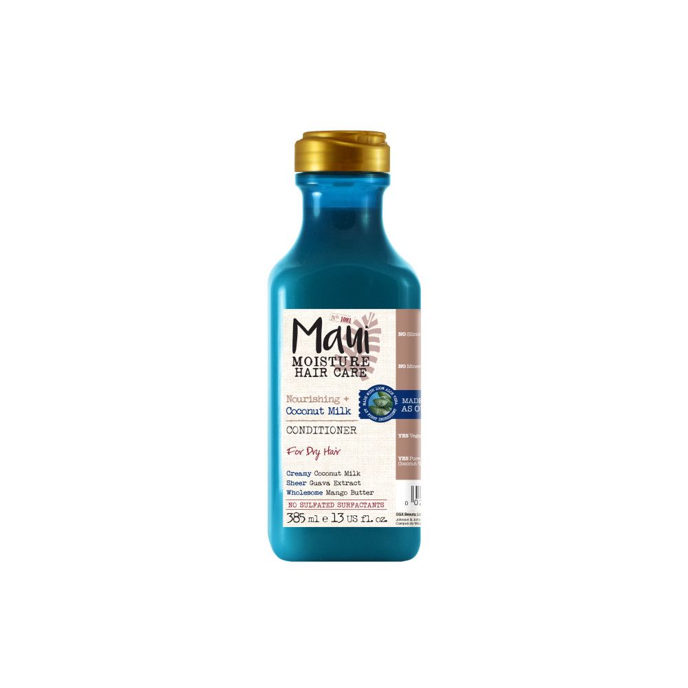 Blaue Flasche mit goldfarbenem Deckel. Aufschrift: Maui Moisture Hair Care. Conditioner. Für trockenes Haar.
