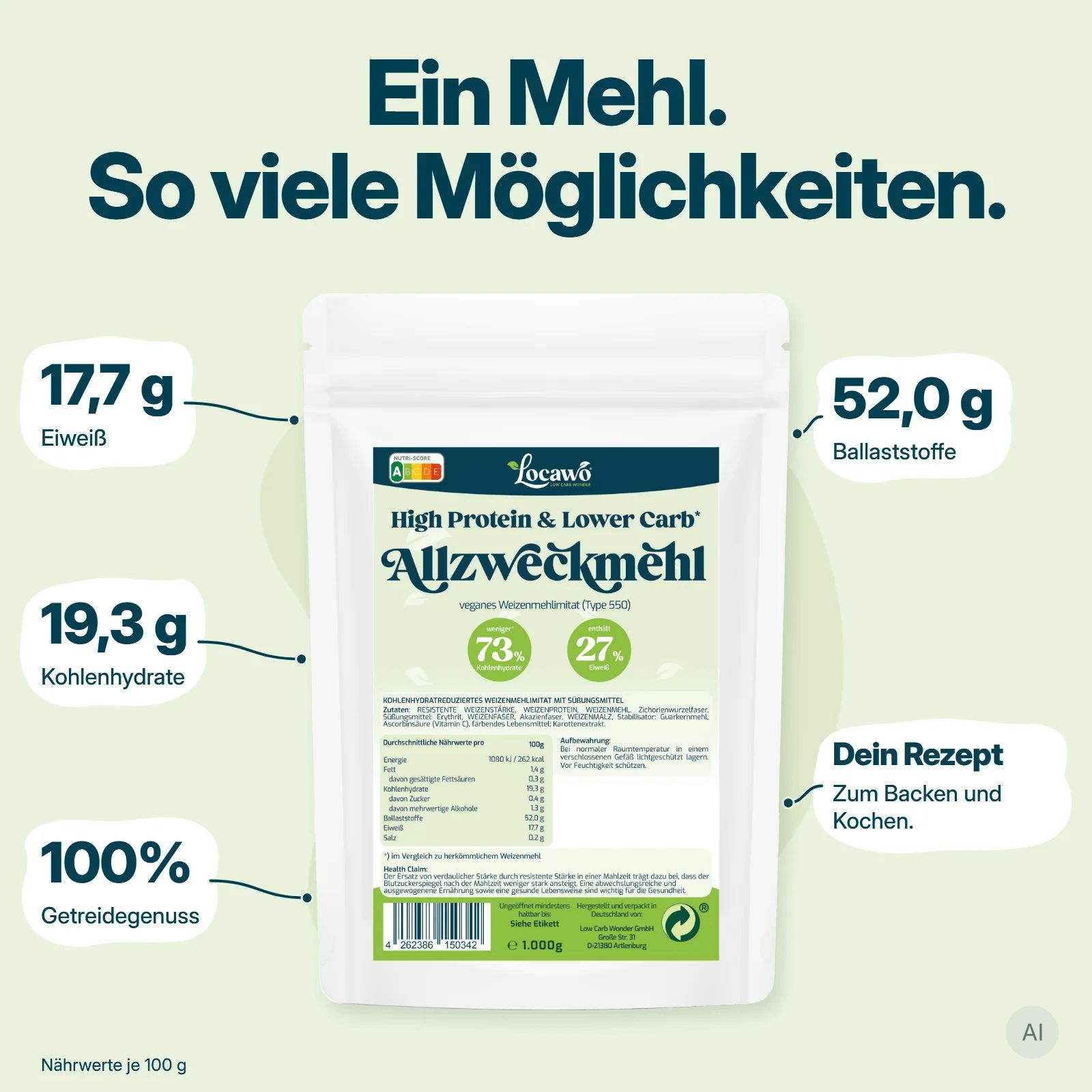 Ein Beutel Locawo High Protein & Lower Carb Allzweckmehl mit Nährwertangaben.