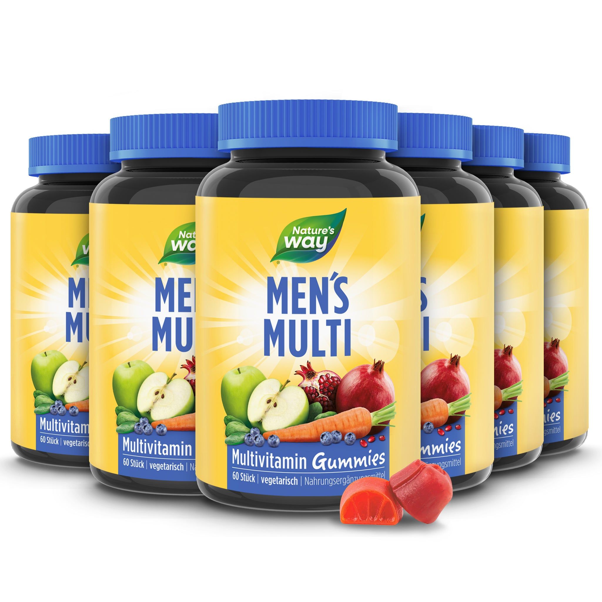 Mehrere Flaschen Nature's Way Men's Multi Multivitamin Gummies. Gelbes Etikett, blaue Kappe. Obst- und Gemüseabbildungen.