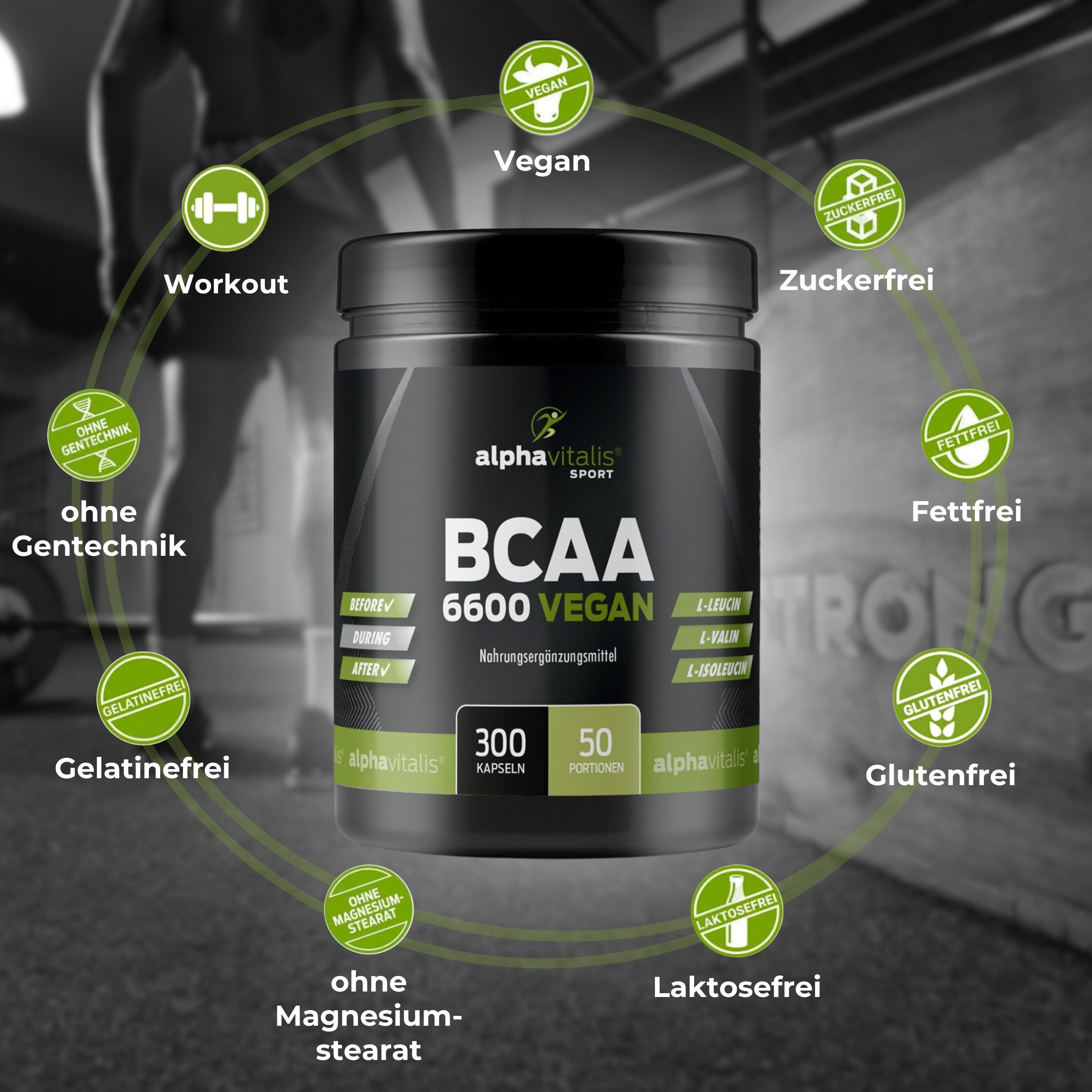 Schwarze Dose mit BCAA Kapseln. Text: BCAA 6600 VEGAN. AlphaVitalis Sport Logo. 300 Kapseln. Kreisförmige Icons.