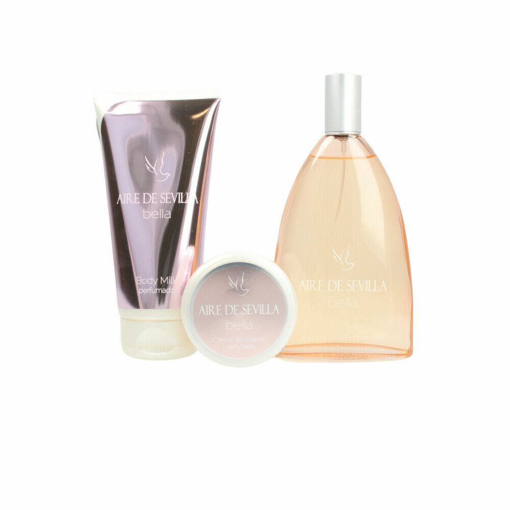 Set mit Eau de Toilette, Body Milk und Creme. Flakon, Tube und Tiegel. Produktnamen auf den Behältern.