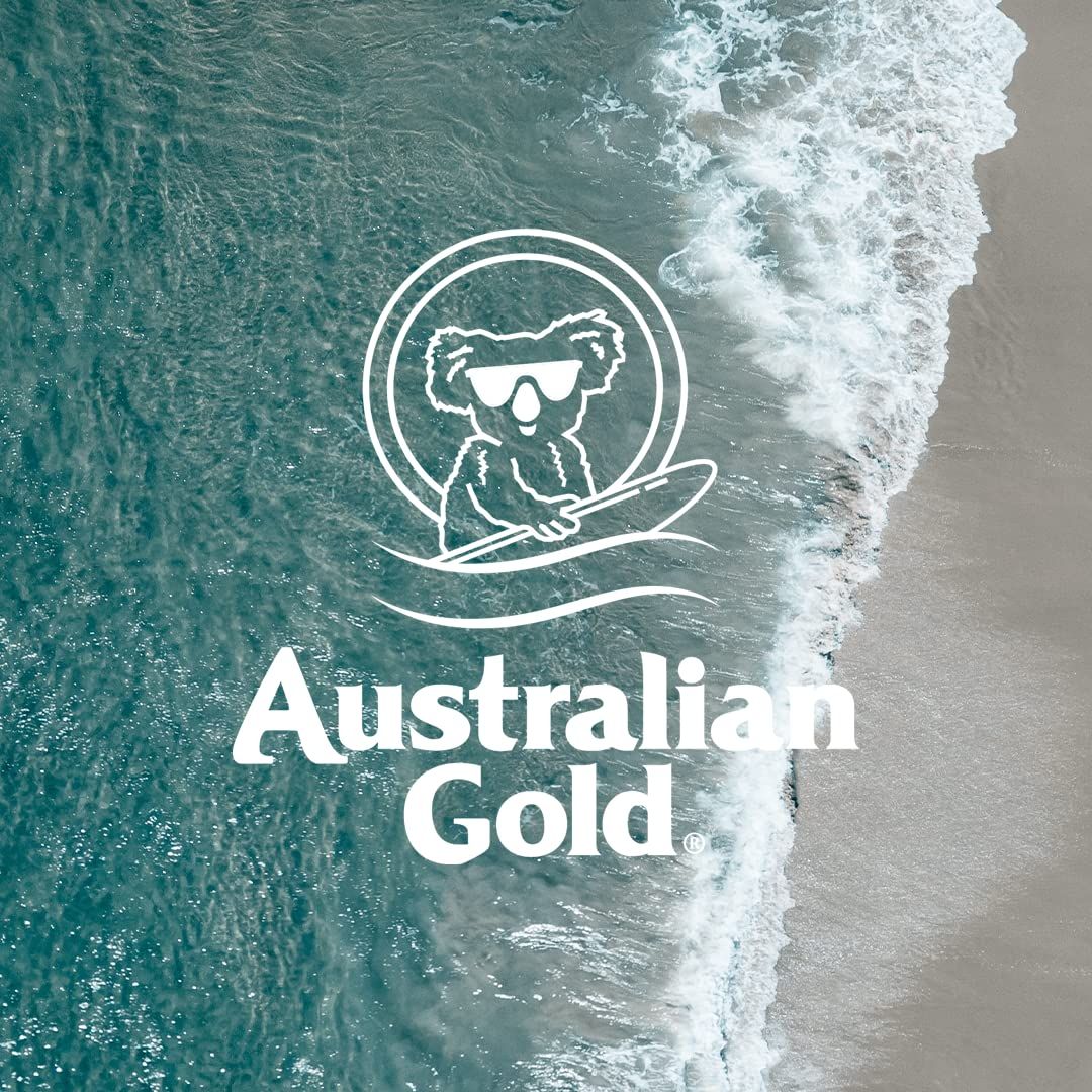 Logo von Australian Gold. Koala mit Sonnenbrille auf Surfbrett. Wellen und Meer im Hintergrund. Text: Australian Gold.