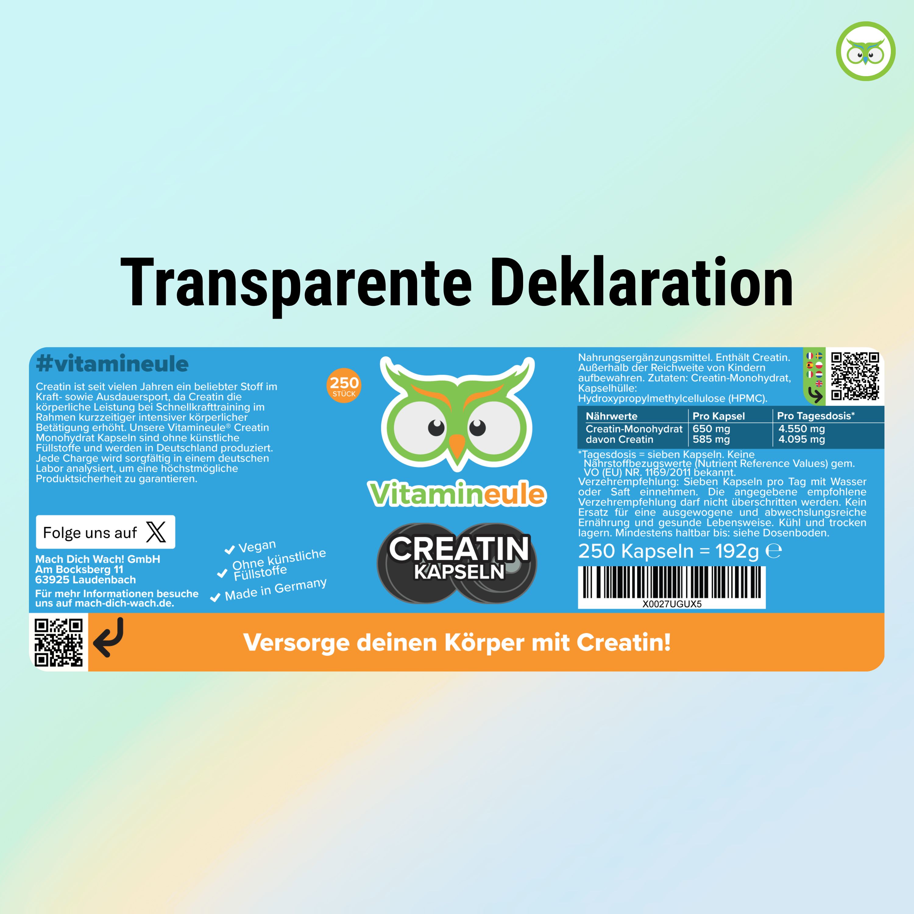 Transparente Deklaration: Produktetikett mit Informationen zu Creatin Monohydrat Kapseln. Enthält Nährwertangaben, Inhaltsstoffe, und Herstellerinformationen.