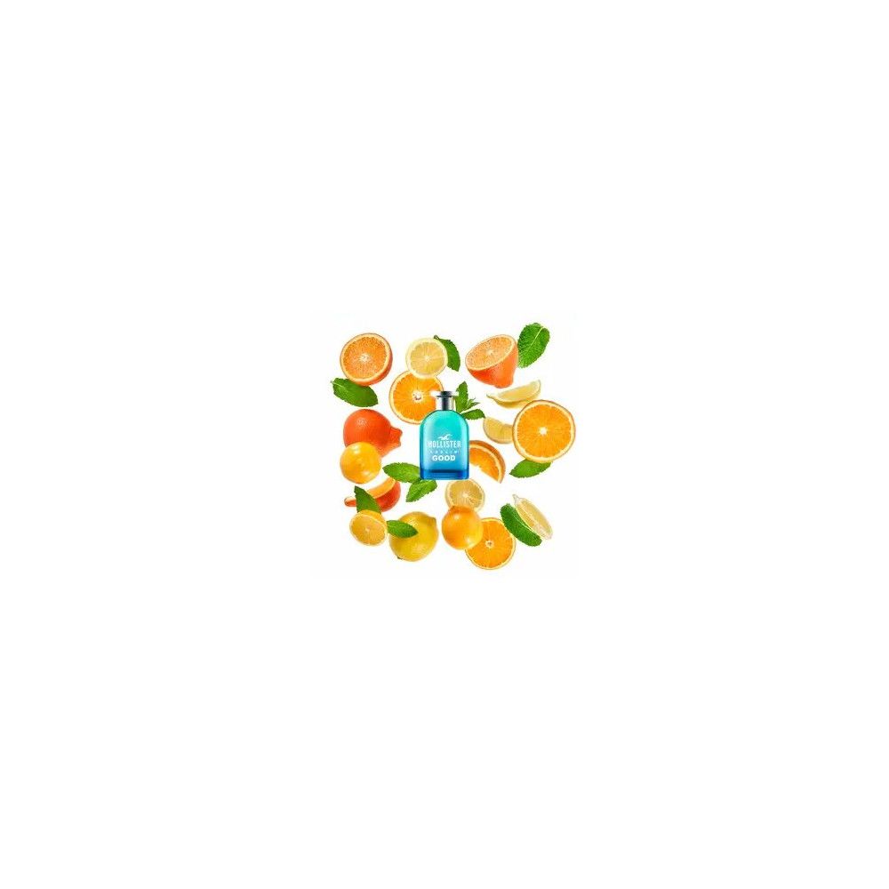 Blau-grüner Flakon, umgeben von Orangen- und Zitronenscheiben. Flakon mit silbernem Verschluss. Logo: Möwe. Schriftzug: Hollister.