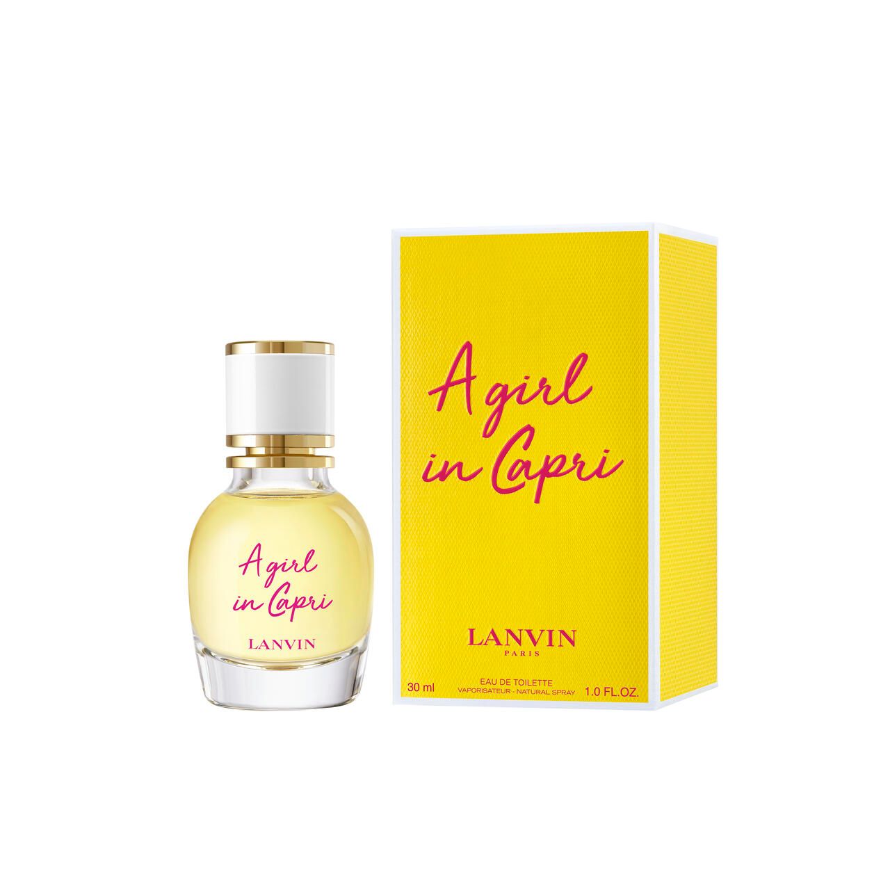 Parfümflakon und gelbe Schachtel. Aufschrift: A girl in Capri, LANVIN. Flakon mit gelber Flüssigkeit.