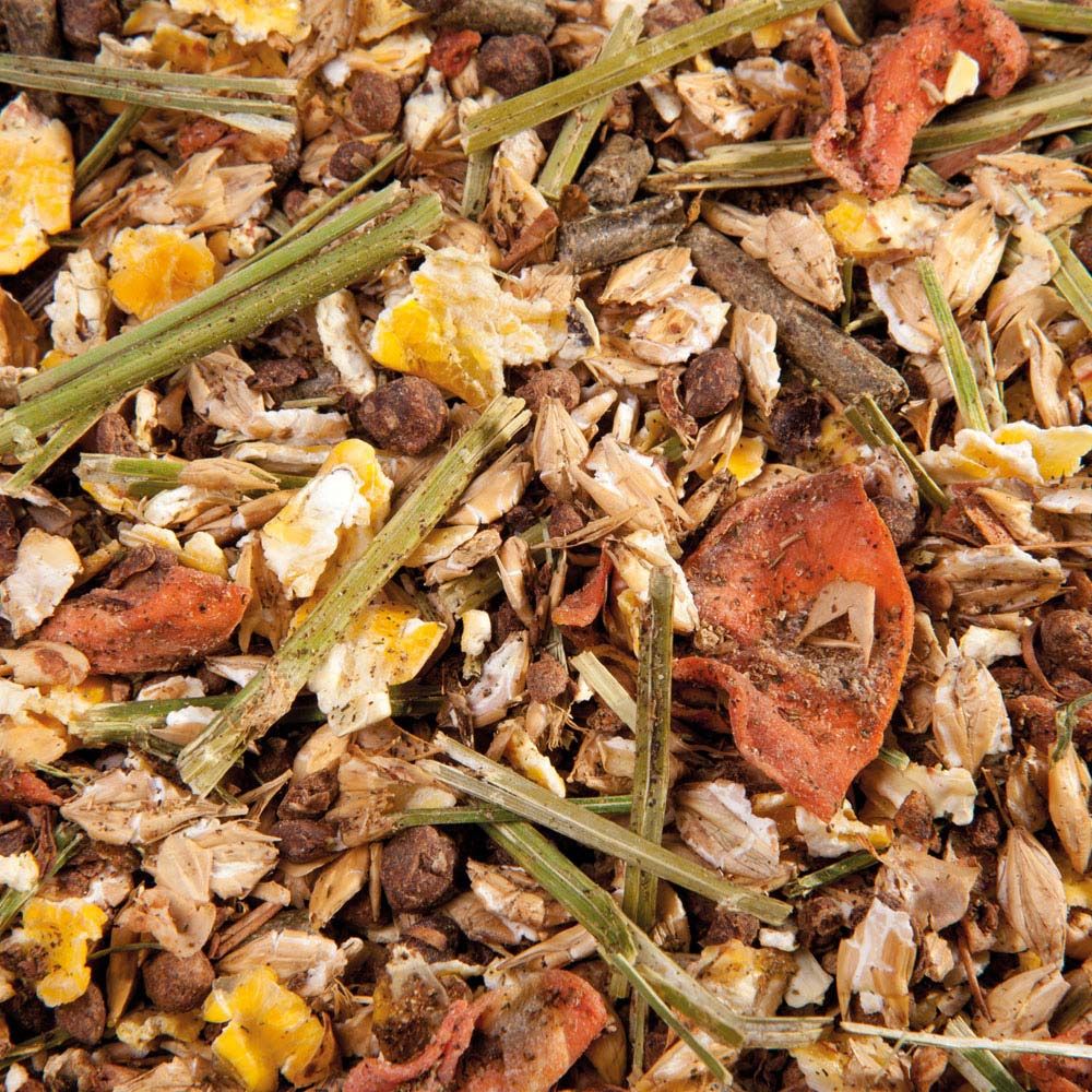 Nahaufnahme von Frucht Müsli. Enthält getrocknete Karotten, Kräuter, Körner und Flocken.