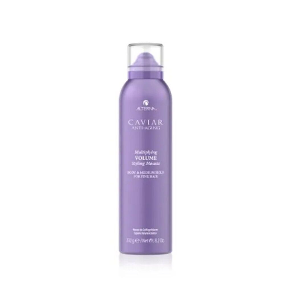 Lila Aerosoldose mit Alterna Caviar Anti-Aging Multiplying Volume Styling Mousse.