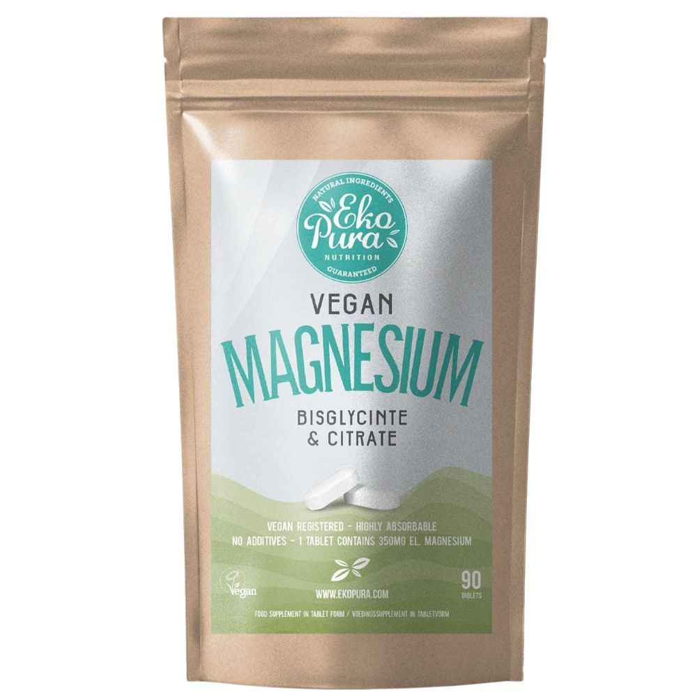 Braune Verpackung mit weißem Etikett. Auf dem Etikett steht "Vegan Magnesium". Mit Logo und Text.